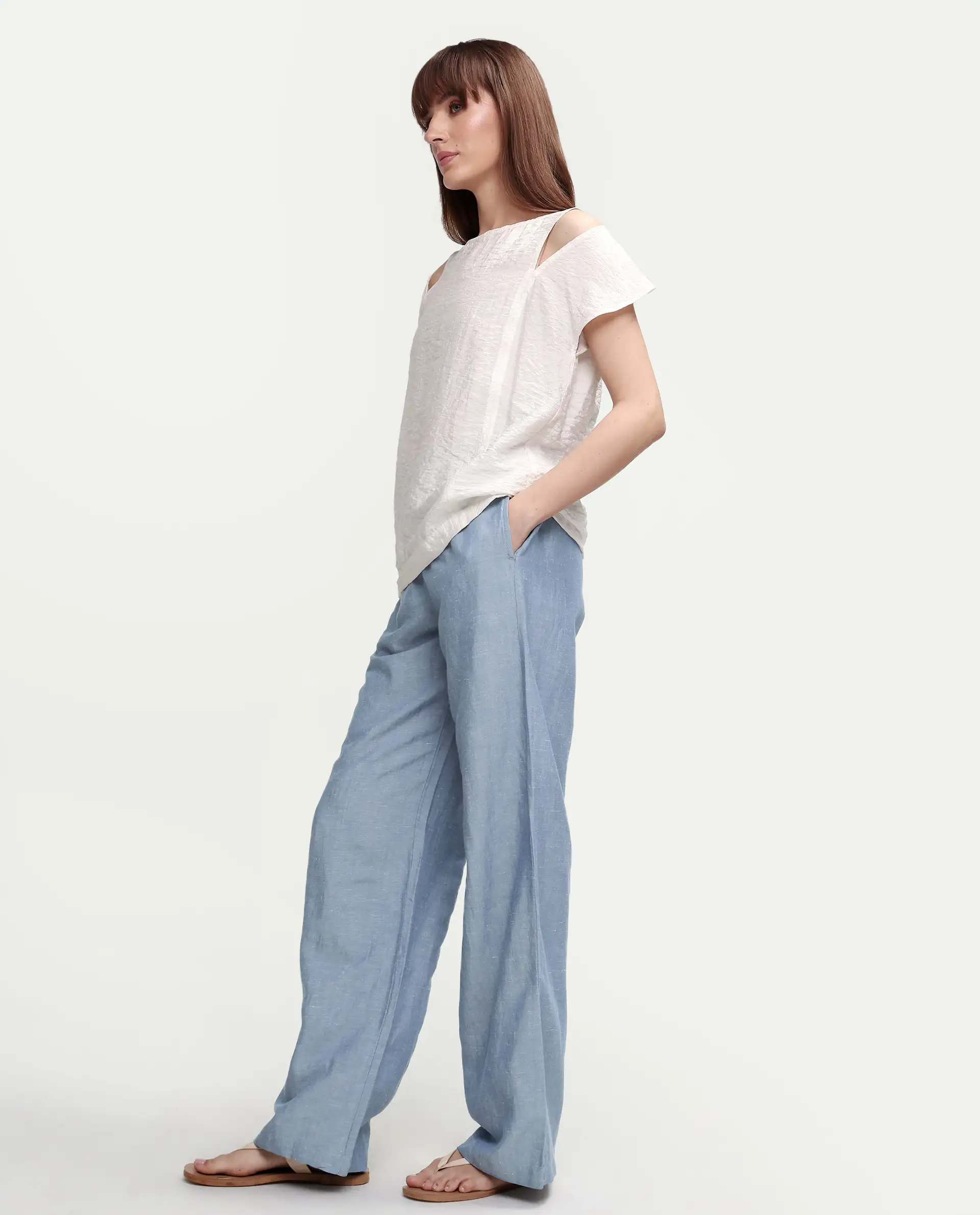 Rareism Women's Uniq Light Blue Linen Blend Fabric Straight Plain Trouser - Image 5