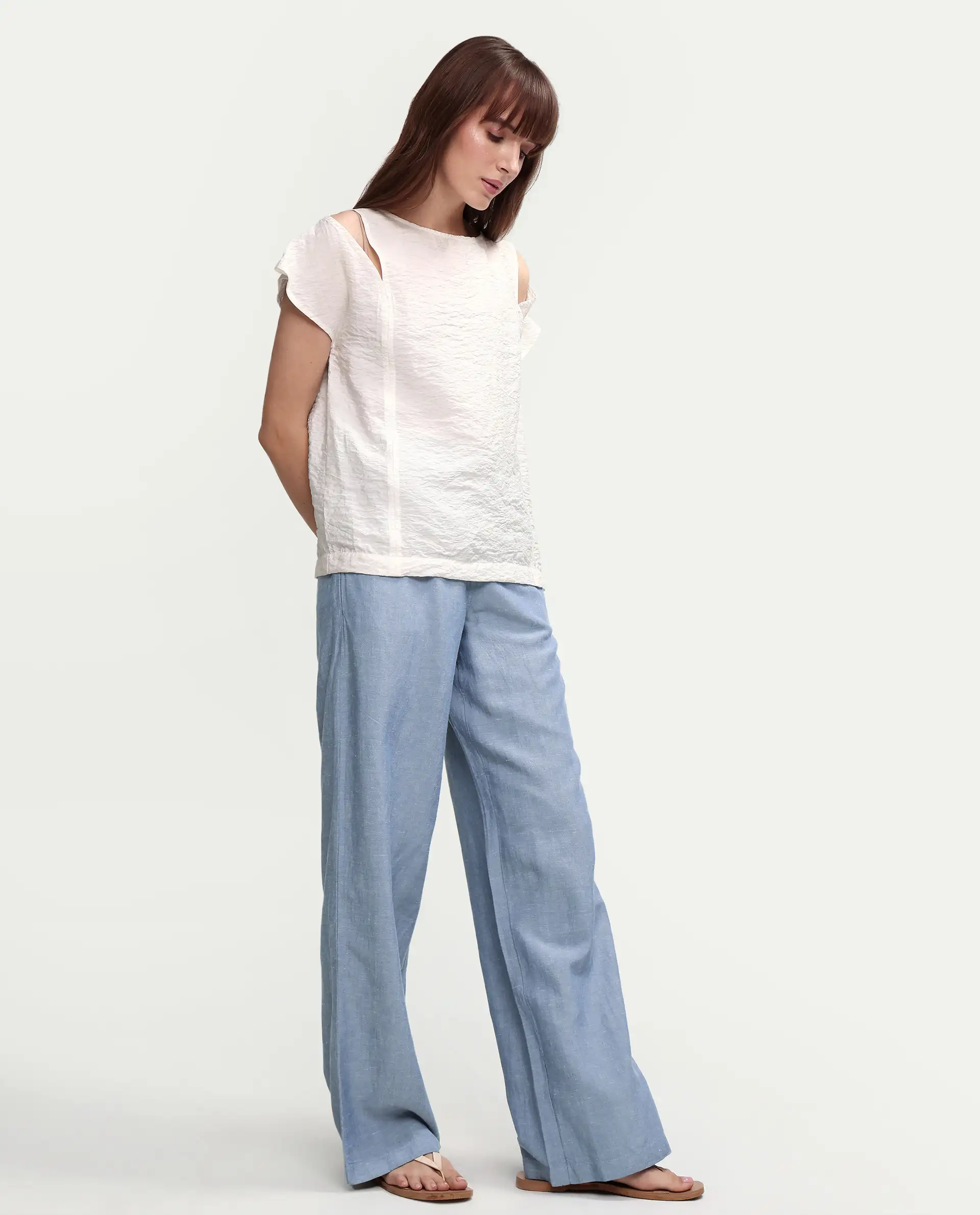 Rareism Women's Uniq Light Blue Linen Blend Fabric Straight Plain Trouser - Image 6