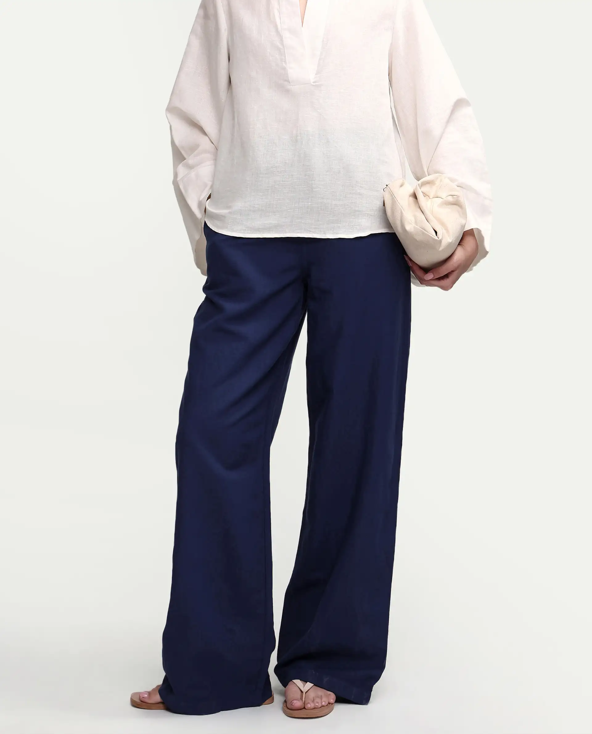 Rareism Women's Uniq Navy Linen Blend Fabric Straight Plain Trouser - Image 2