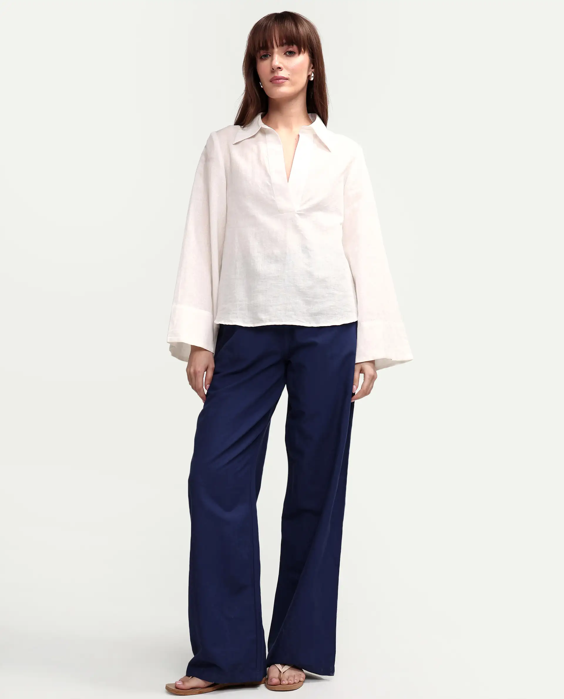 Rareism Women's Uniq Navy Linen Blend Fabric Straight Plain Trouser - Image 3
