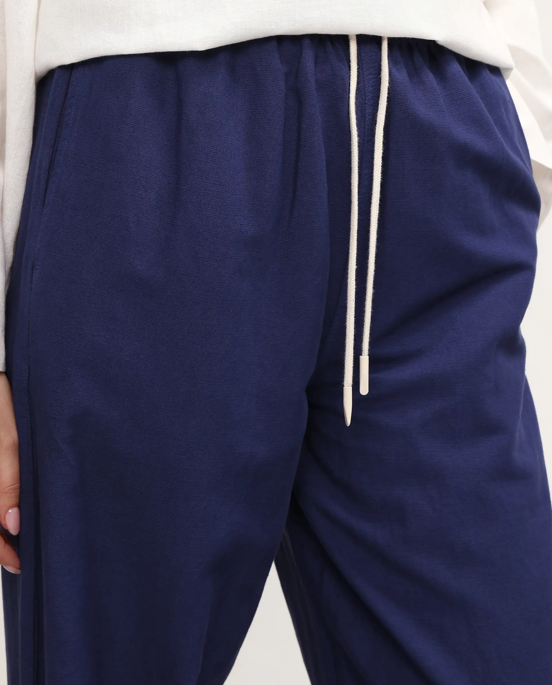 Rareism Women's Uniq Navy Linen Blend Fabric Straight Plain Trouser - Image 4