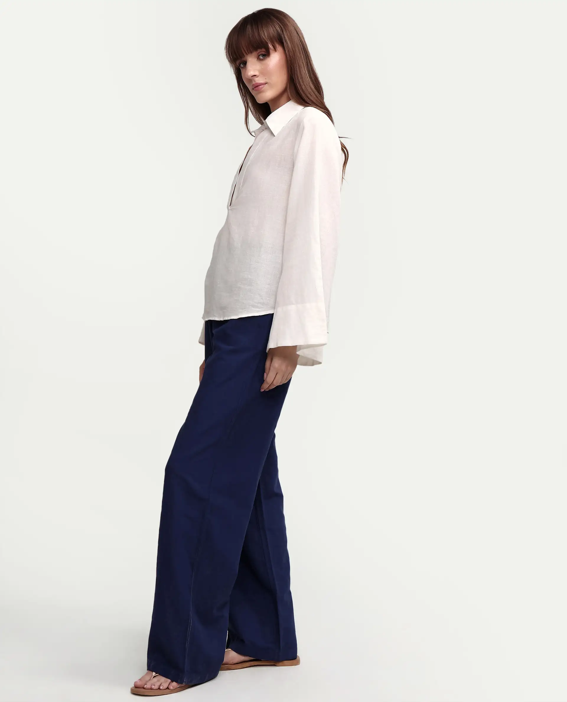 Rareism Women's Uniq Navy Linen Blend Fabric Straight Plain Trouser - Image 5