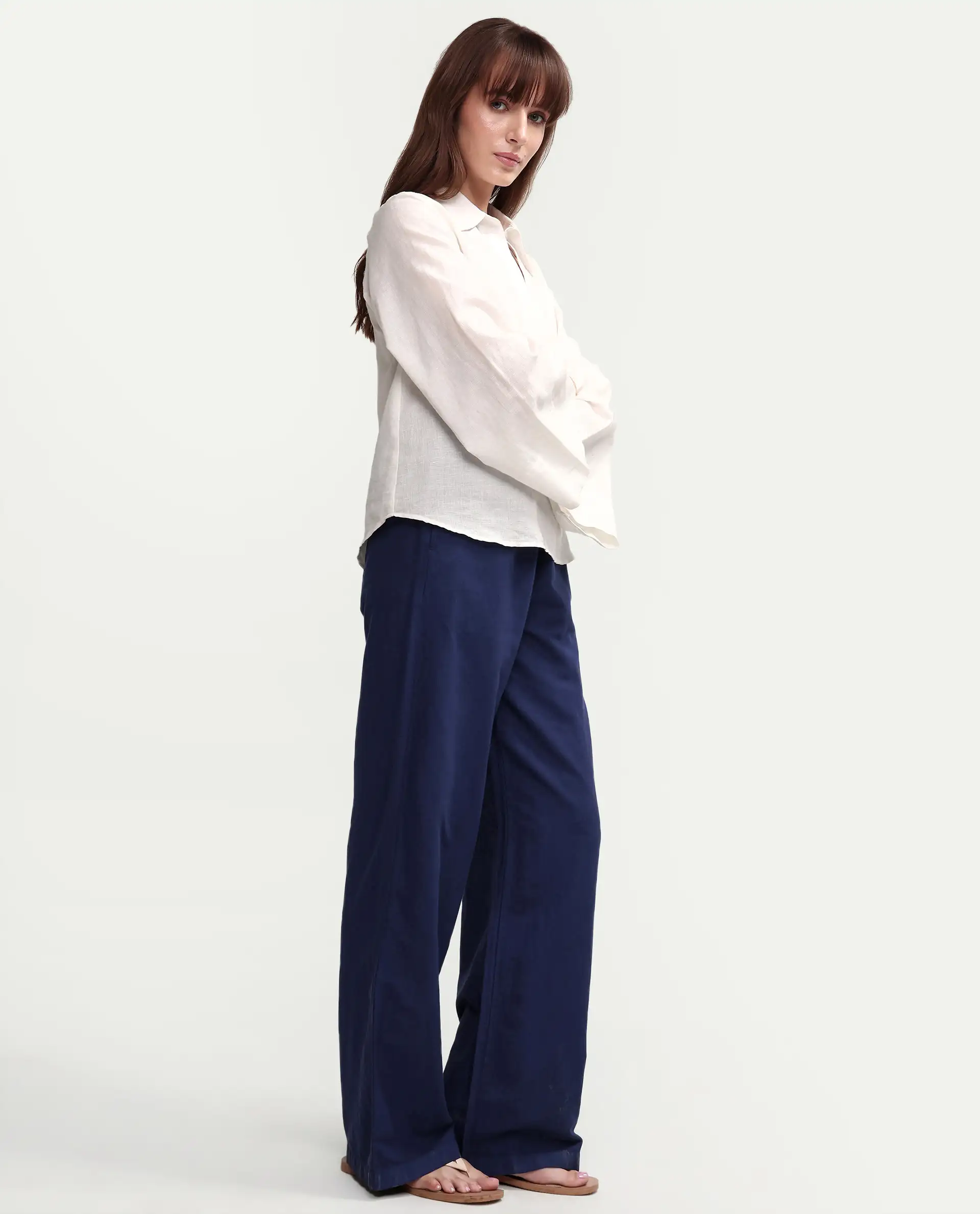 Rareism Women's Uniq Navy Linen Blend Fabric Straight Plain Trouser - Image 6