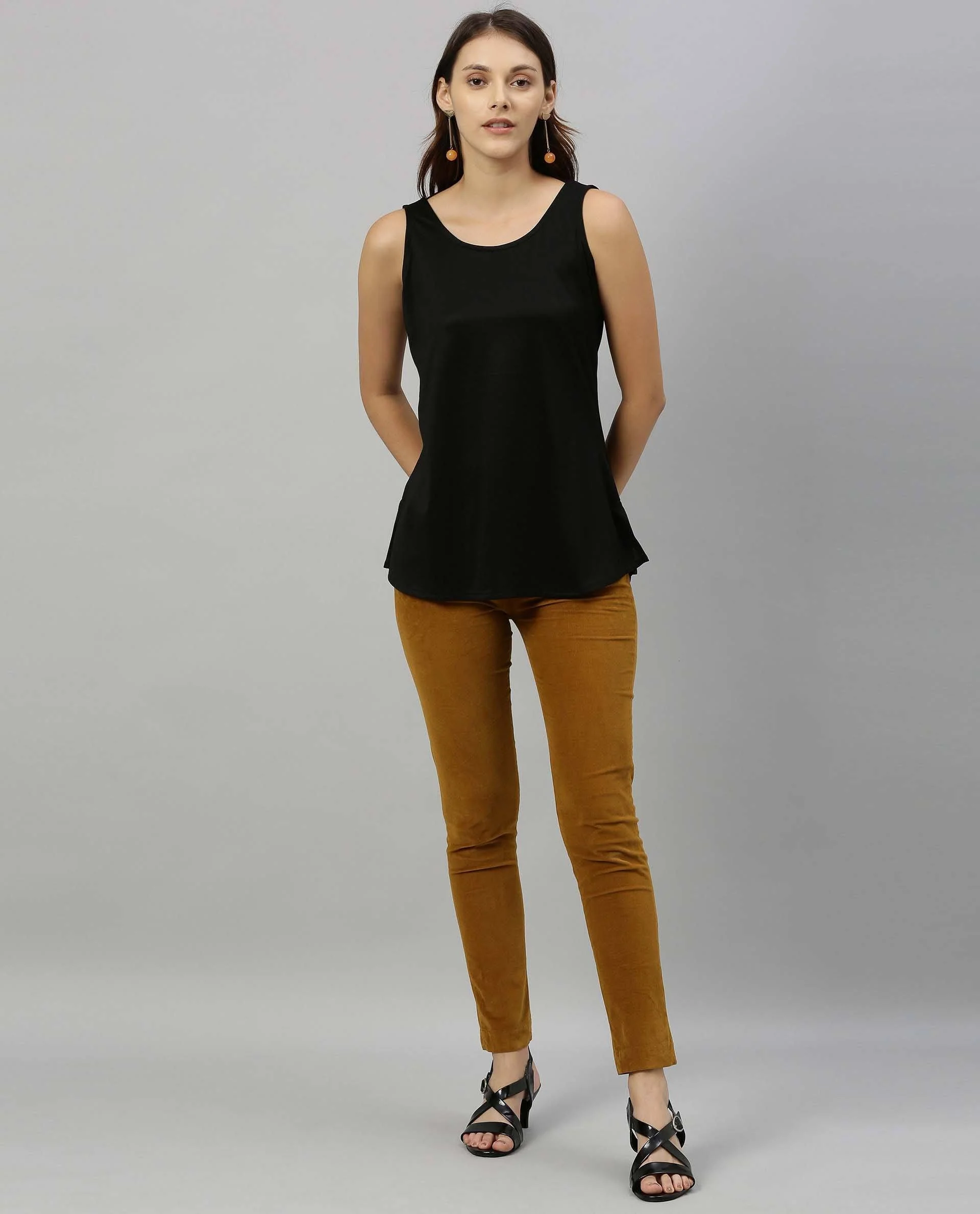 Rareism Women's Knit Slip Boat Neck Plain Sleeveless Knee Length Regular Fit Top - Image 3