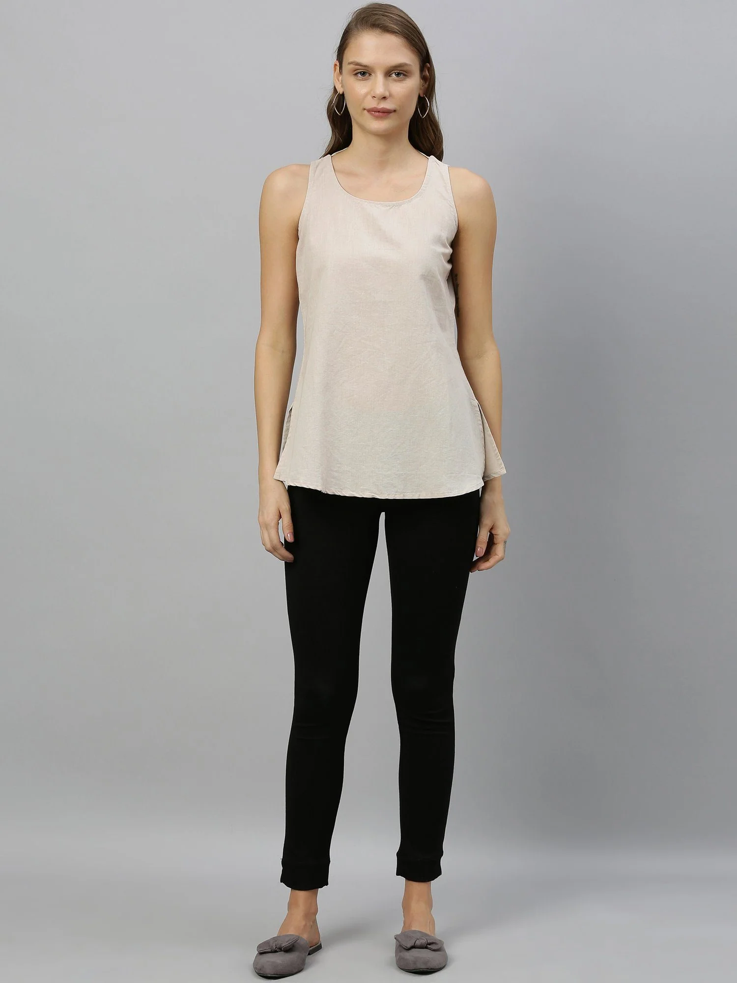 Rareism Women's Unite K Grey Boat Neck Plain Sleeveless Knee Length Regular Fit Top - Image 6