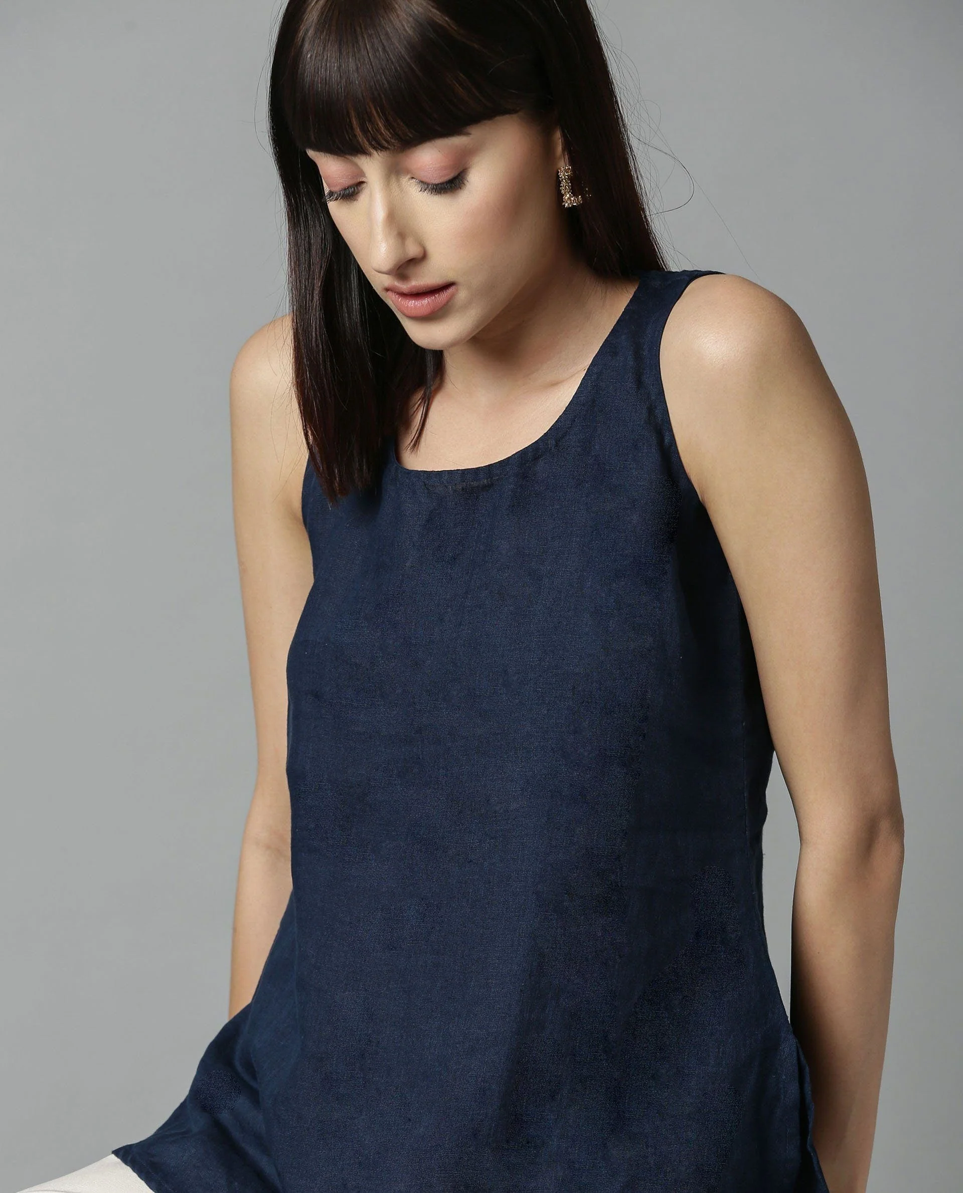 Rareism Women's Unite - L Blue Boat Neck Plain Sleeveless Knee Length Regular Fit Top - Image 2