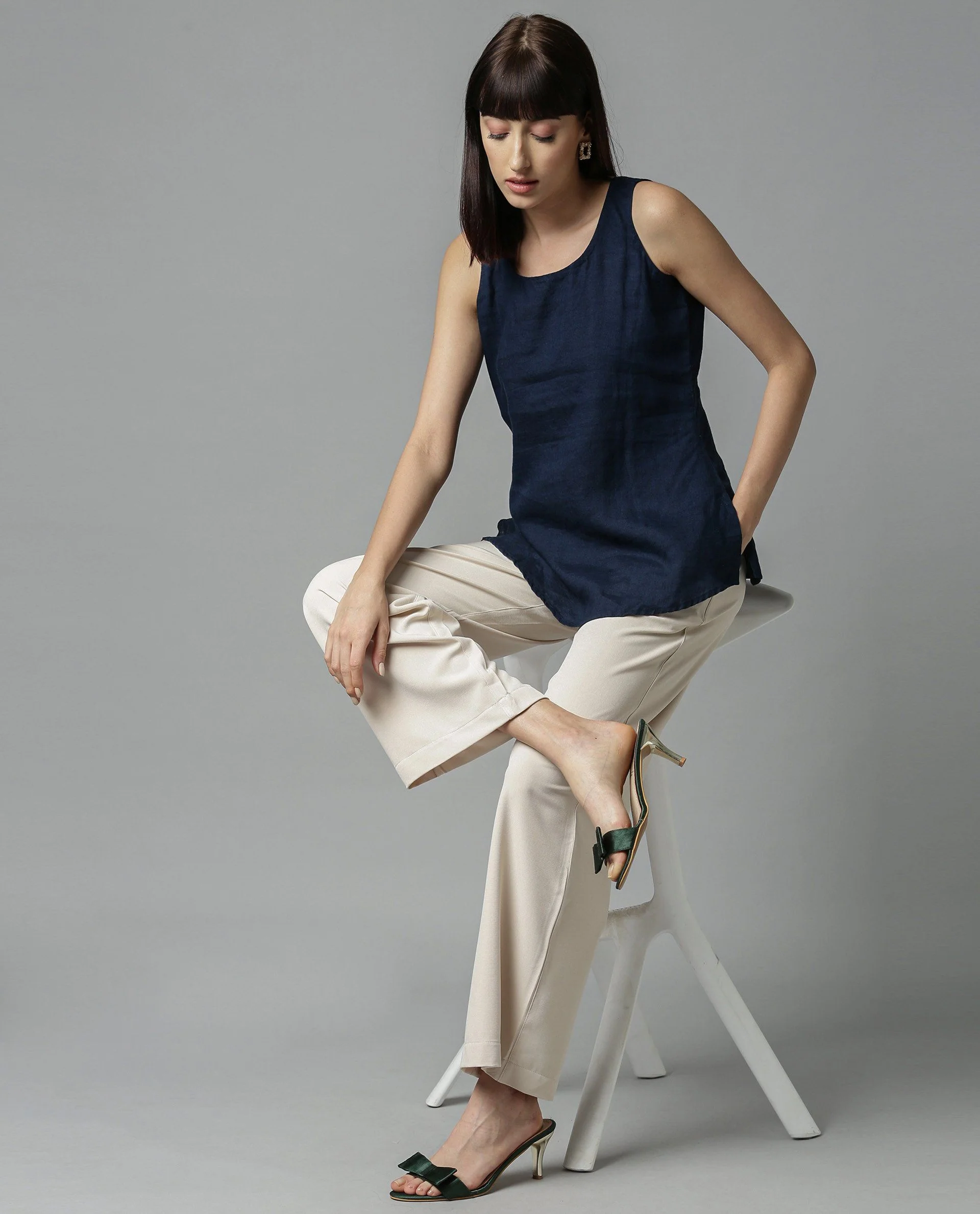 Rareism Women's Unite - L Blue Boat Neck Plain Sleeveless Knee Length Regular Fit Top - Image 3