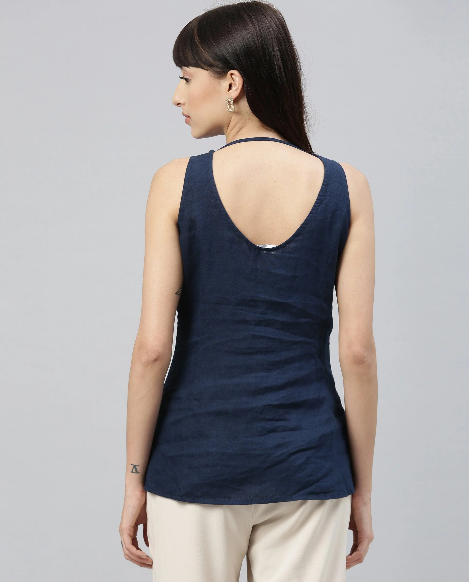 Rareism Women's Unite - L Blue Boat Neck Plain Sleeveless Knee Length Regular Fit Top - Image 4
