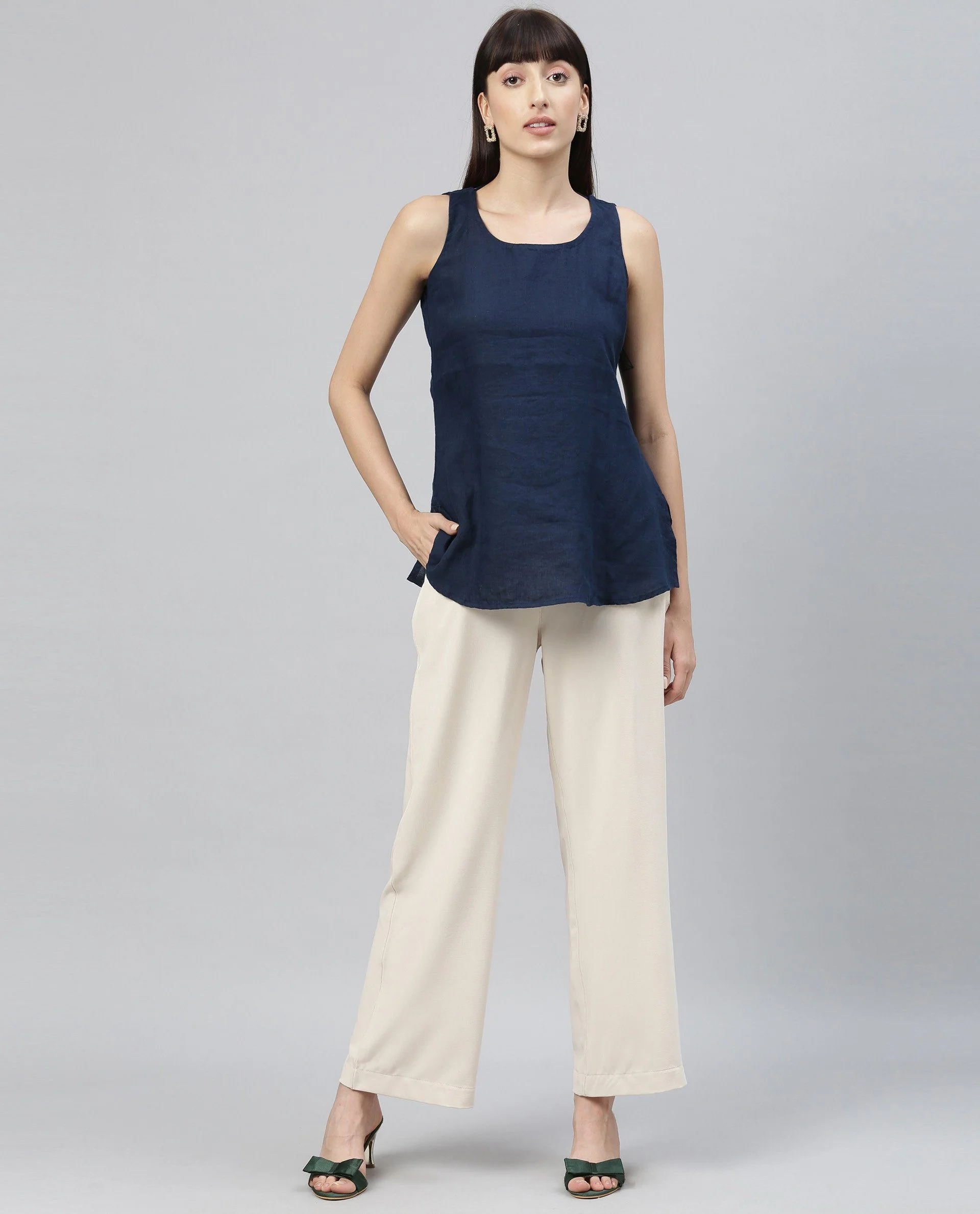 Rareism Women's Unite - L Blue Boat Neck Plain Sleeveless Knee Length Regular Fit Top - Image 5