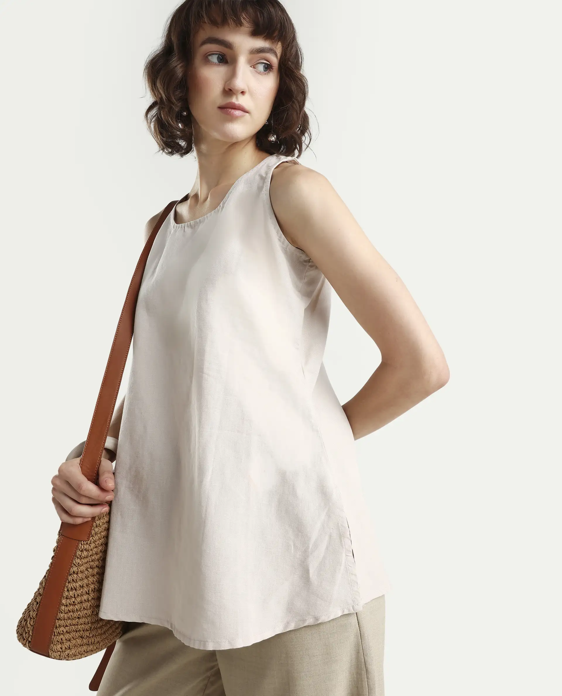 Rareism Women's Unite L Grey Crew Neck Plain Sleeveless Knee Length Regular Fit Top - Image 2