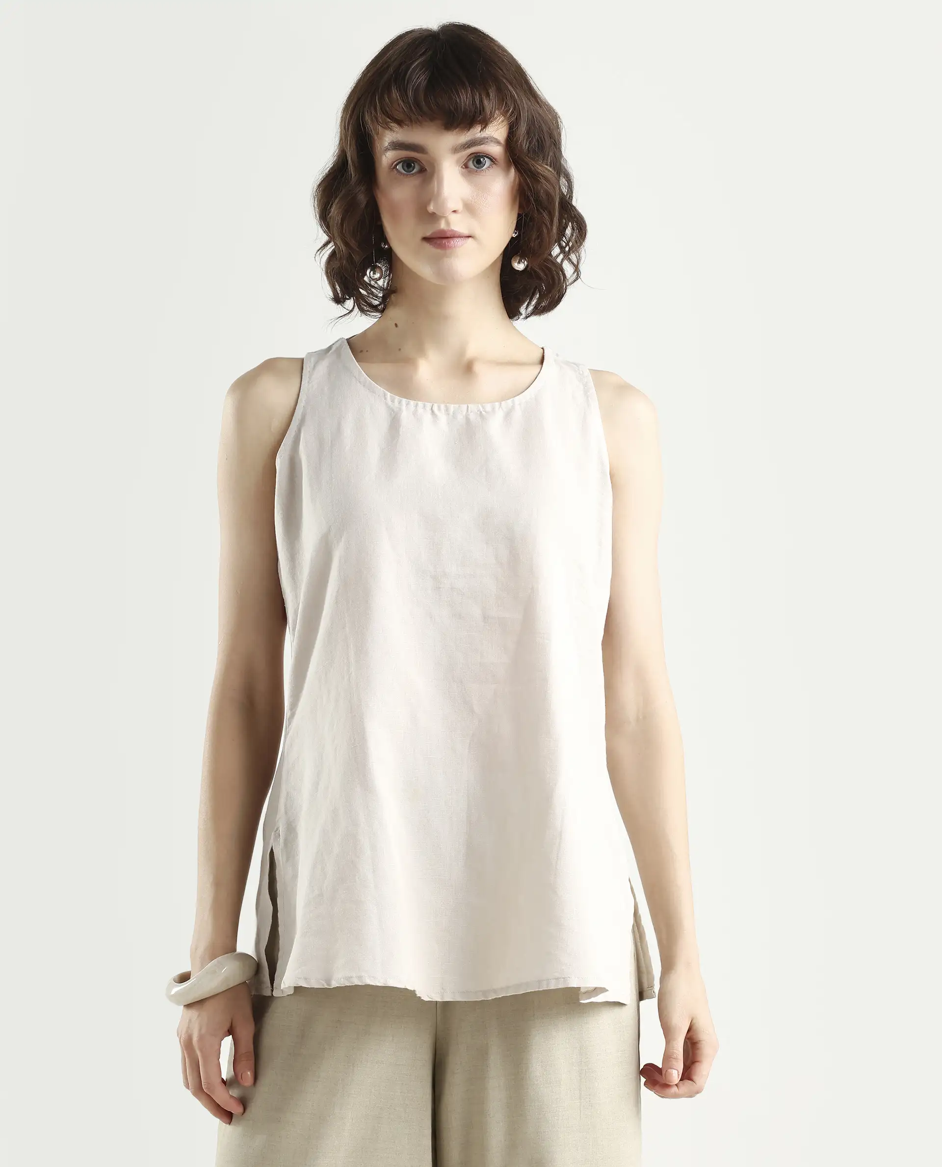 Rareism Women's Unite L Grey Crew Neck Plain Sleeveless Knee Length Regular Fit Top - Image 3
