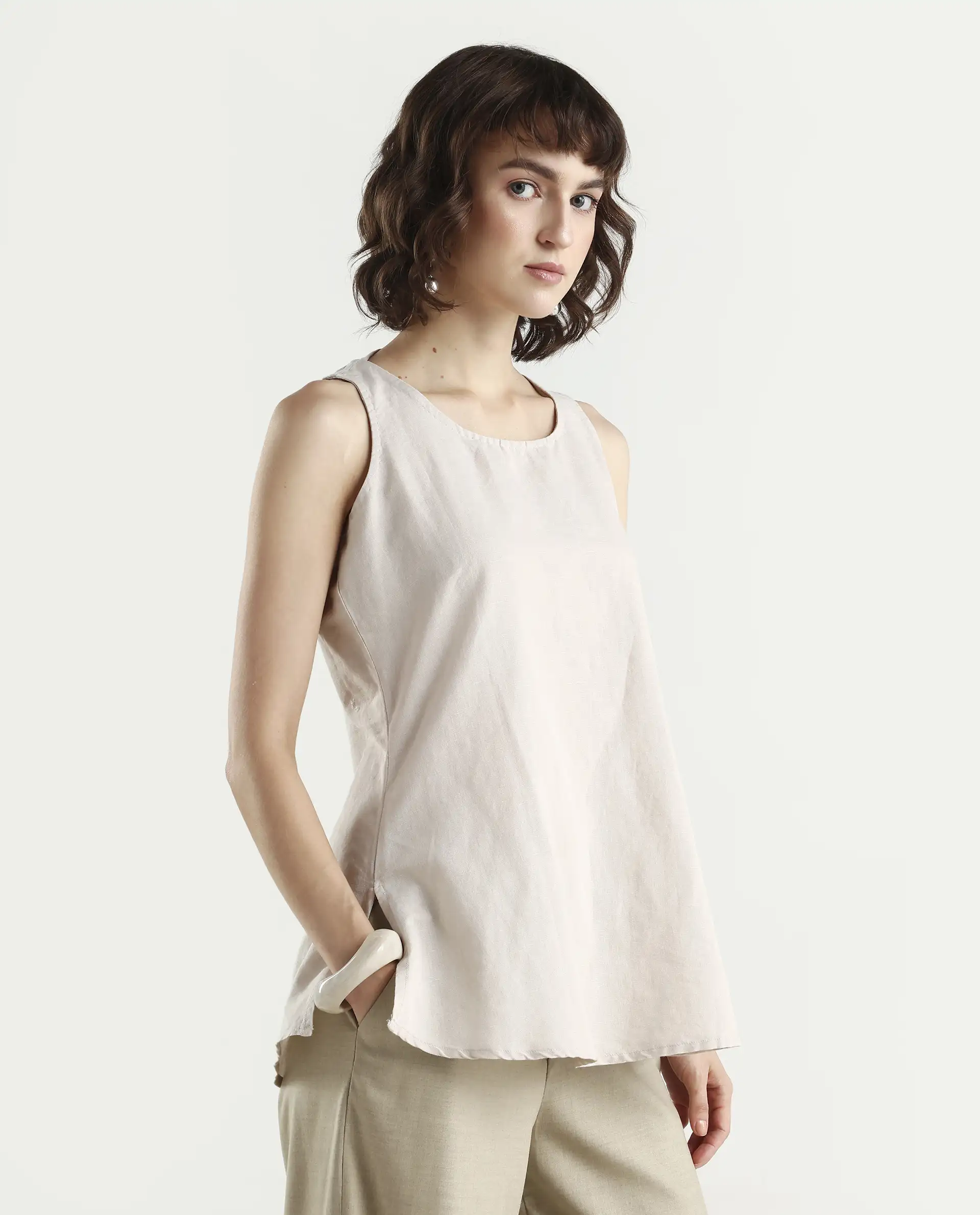 Rareism Women's Unite L Grey Crew Neck Plain Sleeveless Knee Length Regular Fit Top - Image 6