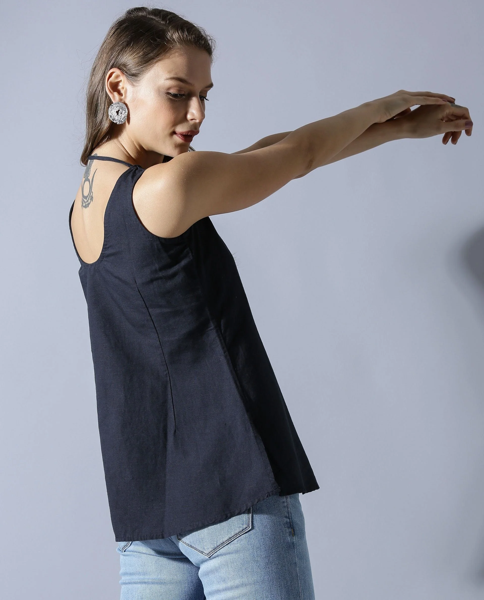 Rareism Women's Unite L Navy Crew Neck Plain Sleeveless Knee Length Regular Fit Top - Image 2