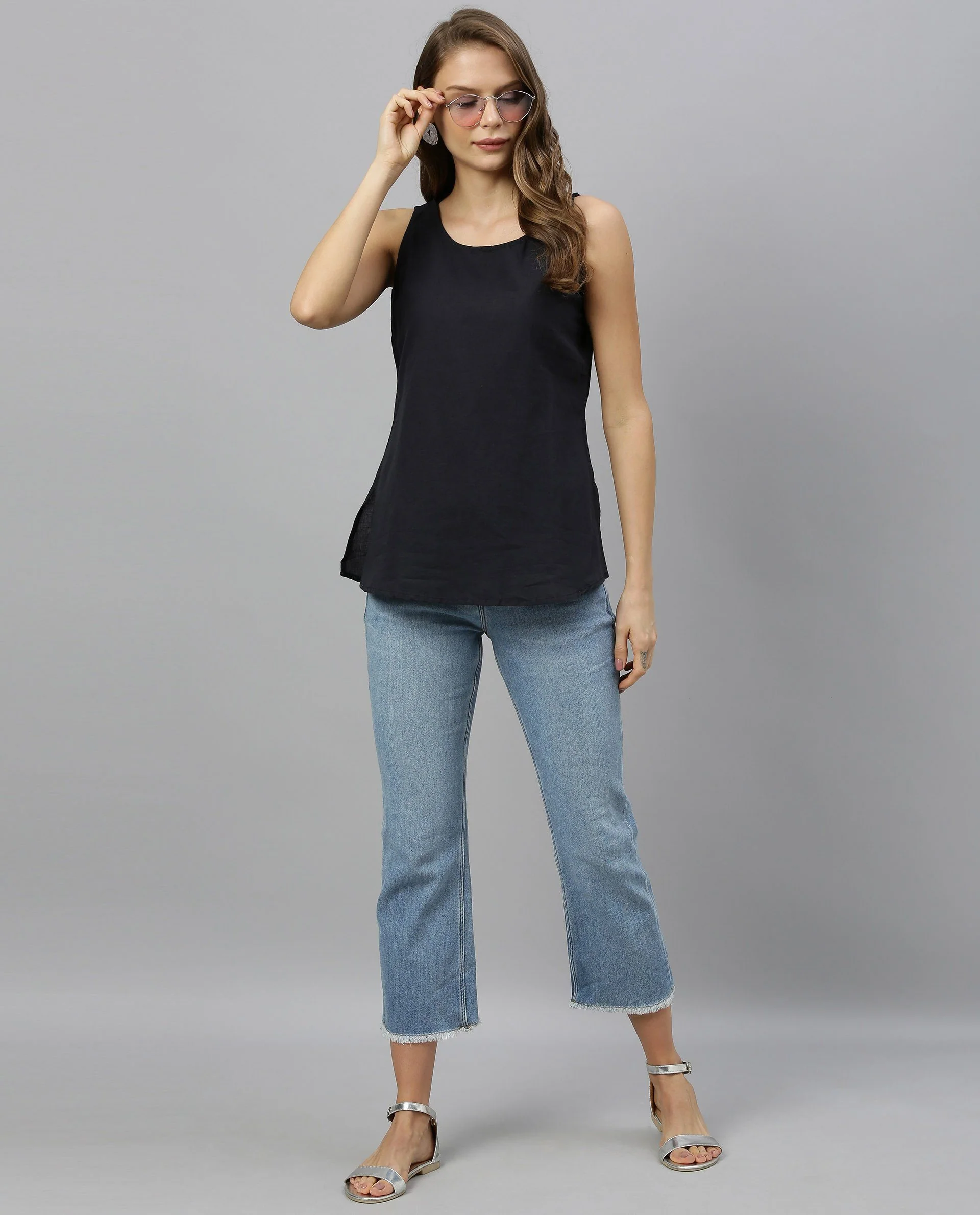 Rareism Women's Unite L Navy Crew Neck Plain Sleeveless Knee Length Regular Fit Top - Image 4