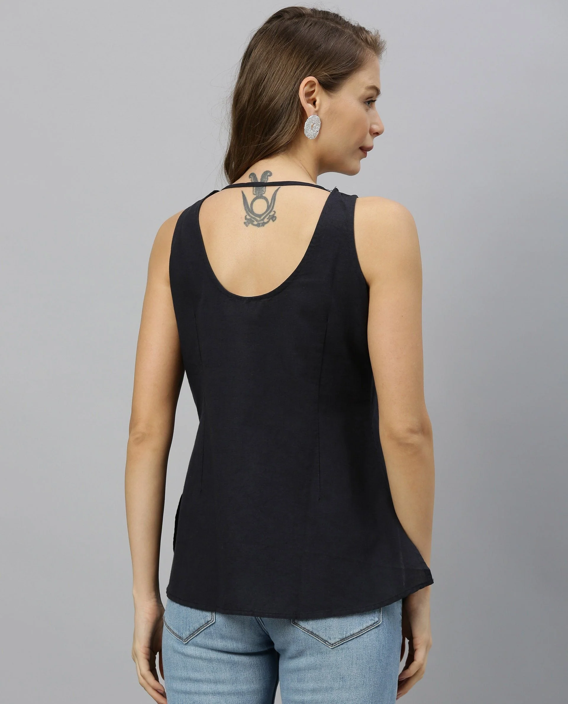 Rareism Women's Unite L Navy Crew Neck Plain Sleeveless Knee Length Regular Fit Top - Image 5