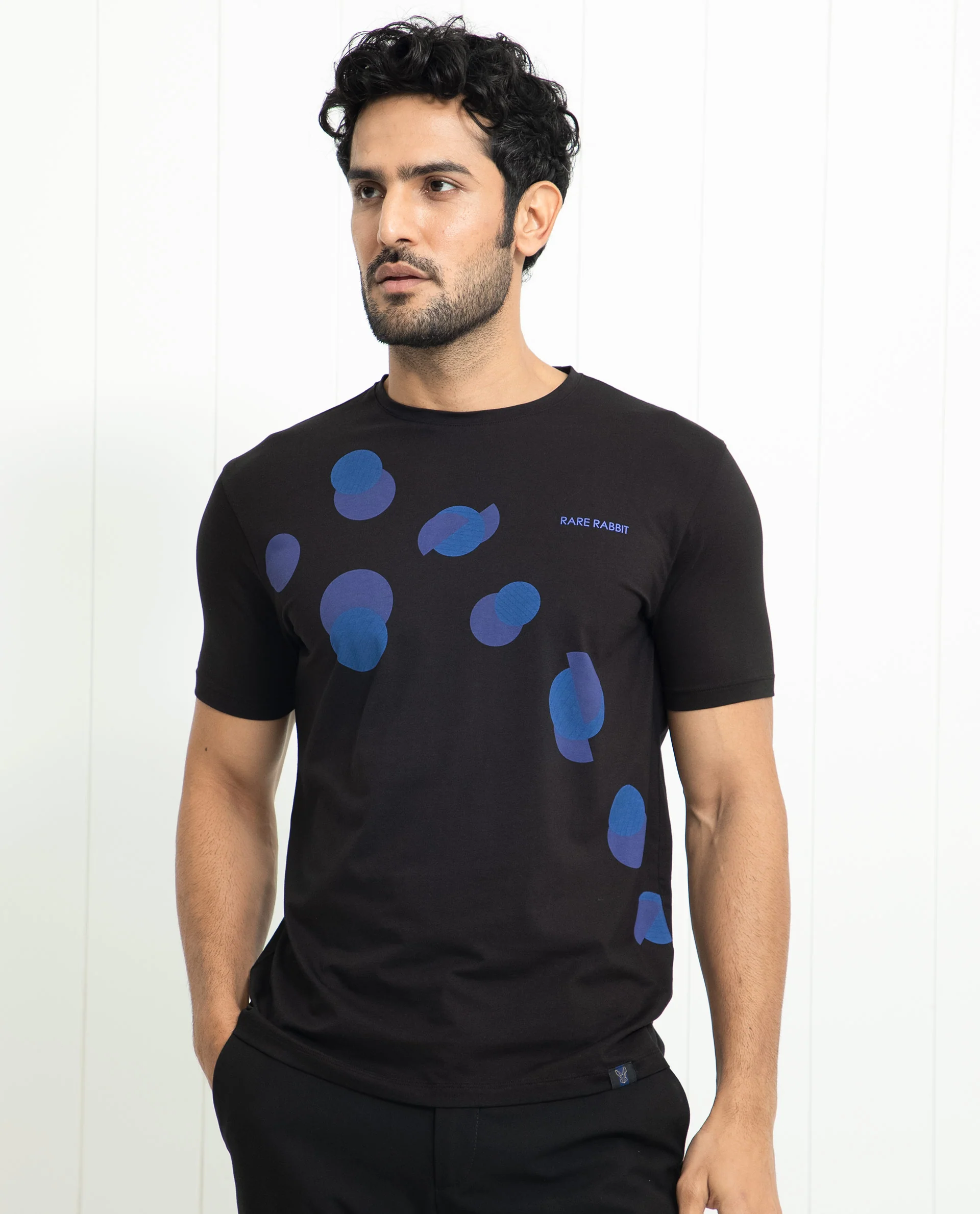 Rare Rabbit Men's Univ Black Cotton Polka Print Slim Fit Half Sleeve Crew Neck T-Shirt