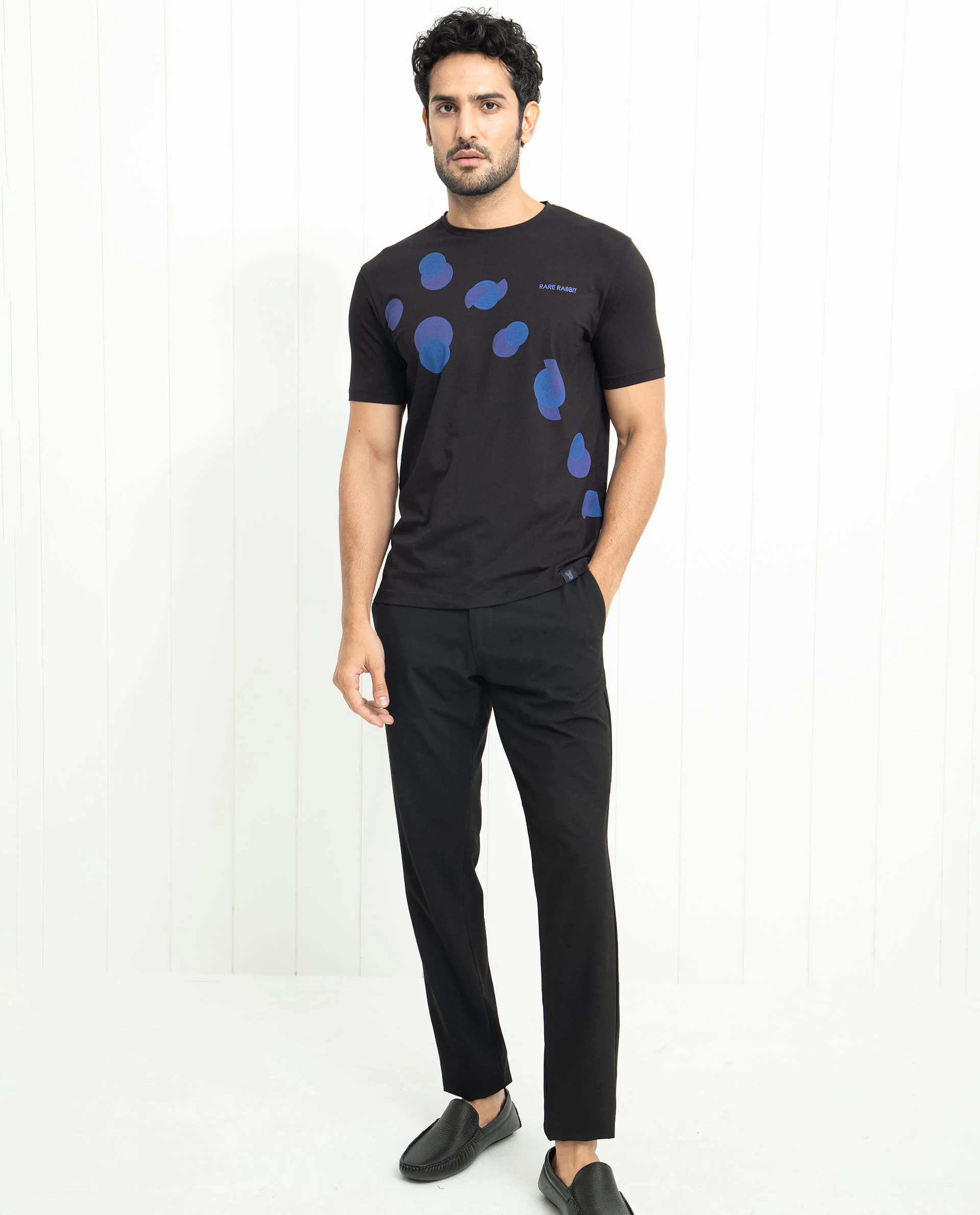 Rare Rabbit Men's Univ Black Cotton Polka Print Slim Fit Half Sleeve Crew Neck T-Shirt - Image 3