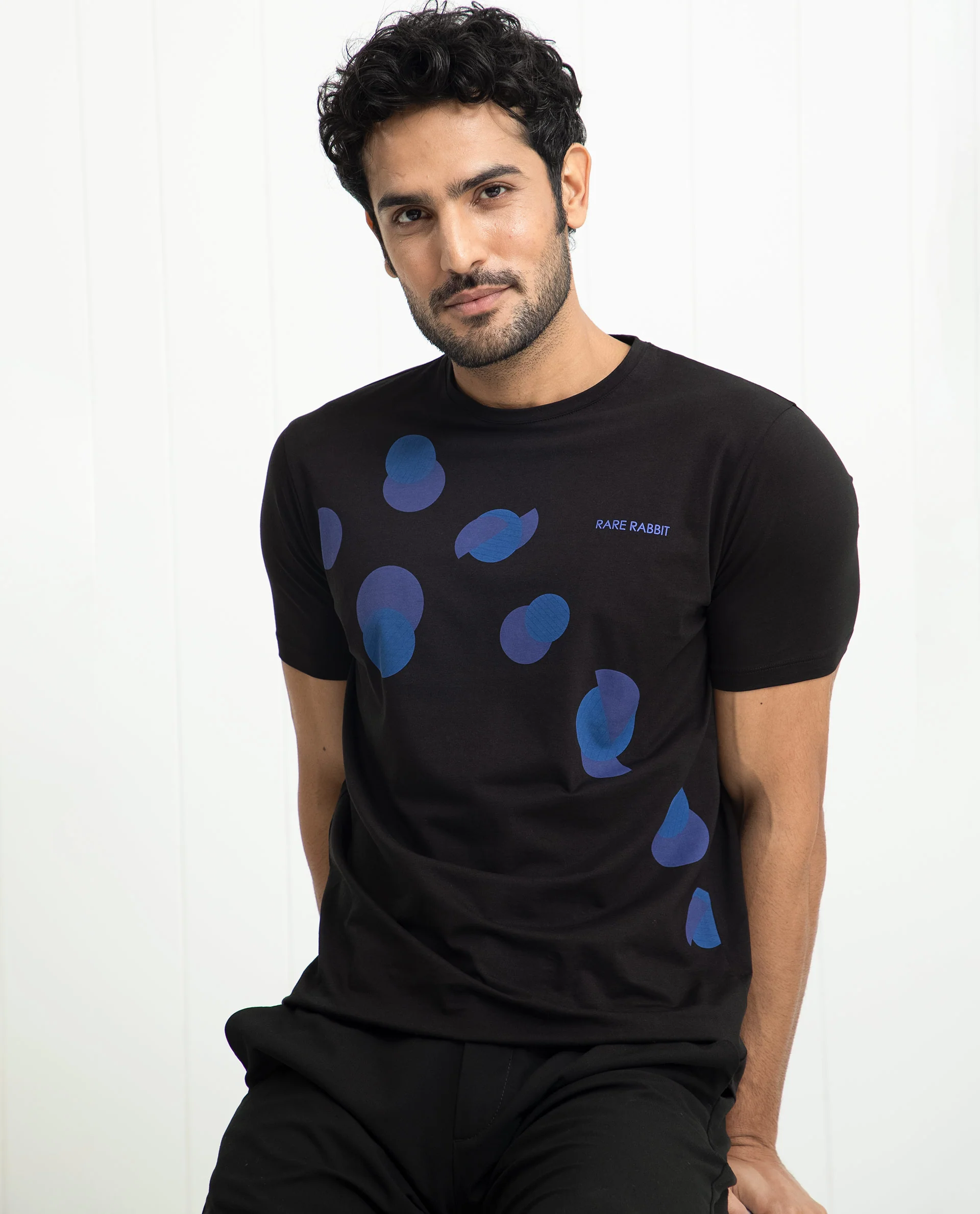 Rare Rabbit Men's Univ Black Cotton Polka Print Slim Fit Half Sleeve Crew Neck T-Shirt - Image 4