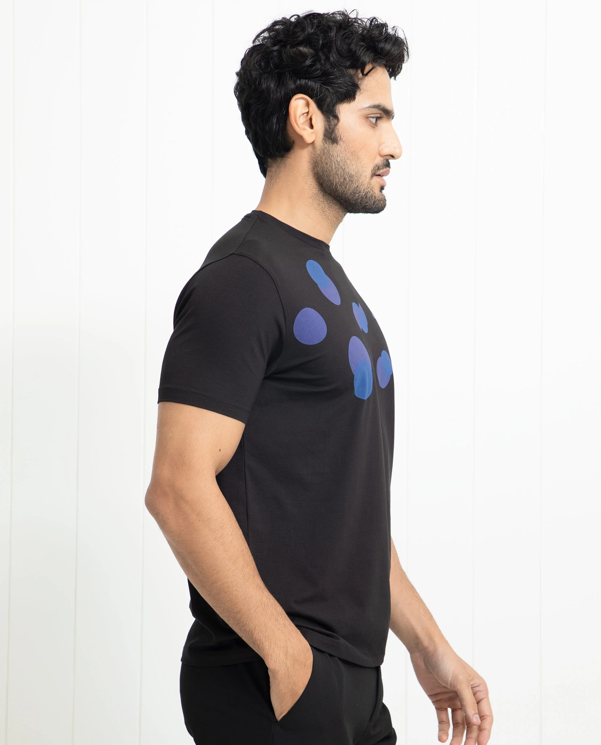 Rare Rabbit Men's Univ Black Cotton Polka Print Slim Fit Half Sleeve Crew Neck T-Shirt - Image 6