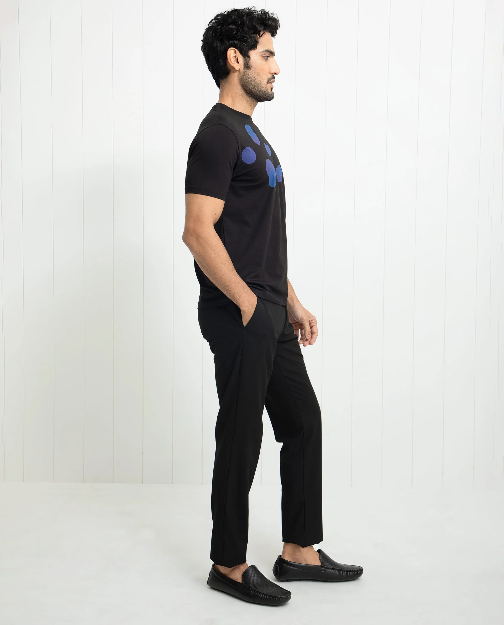 Rare Rabbit Men's Univ Black Cotton Polka Print Slim Fit Half Sleeve Crew Neck T-Shirt - Image 8