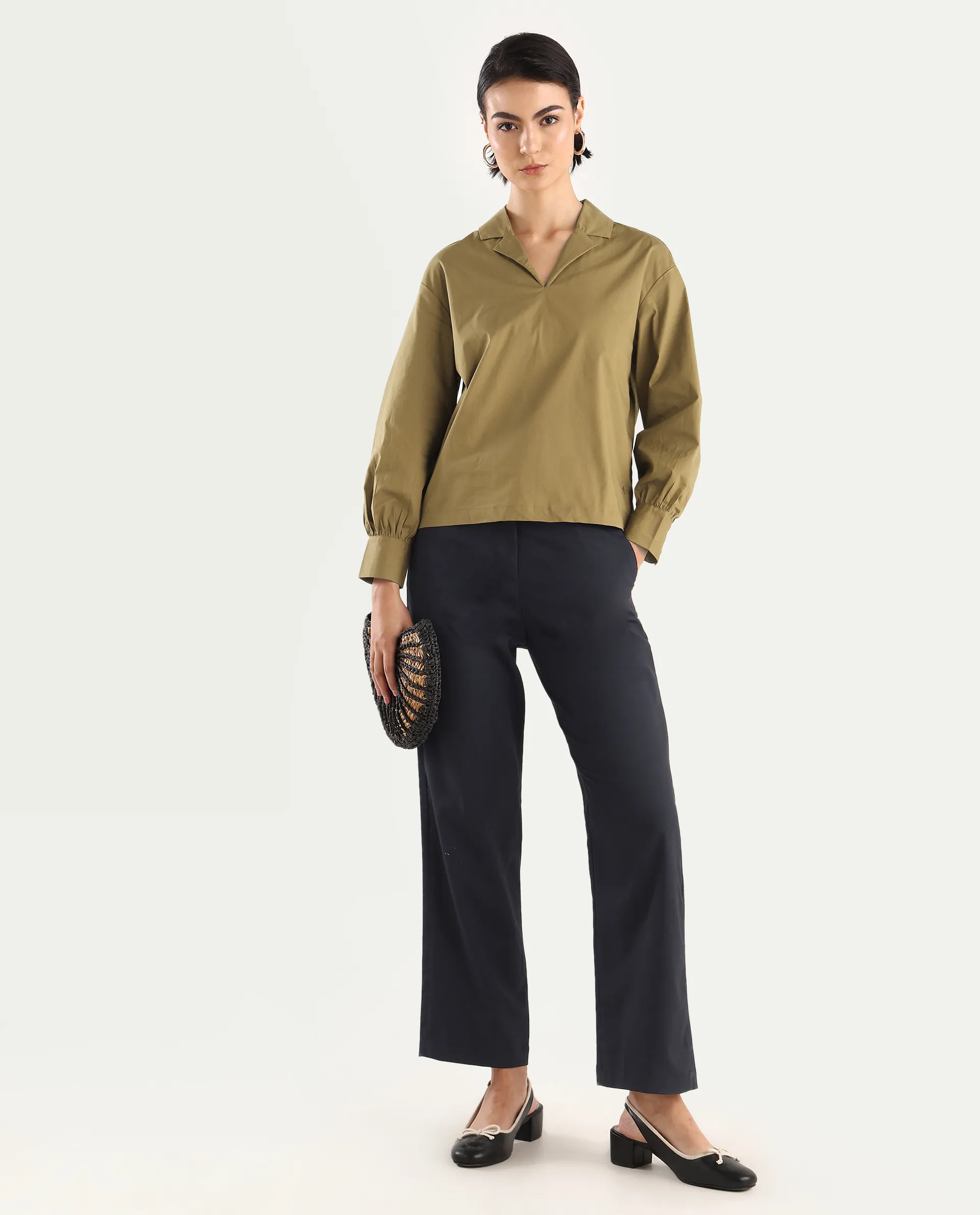 Rareism Women's Uono Light Brown Cotton Blend Lapel Neck Plain Cuffed Sleeve Regular Fit Top - Image 2