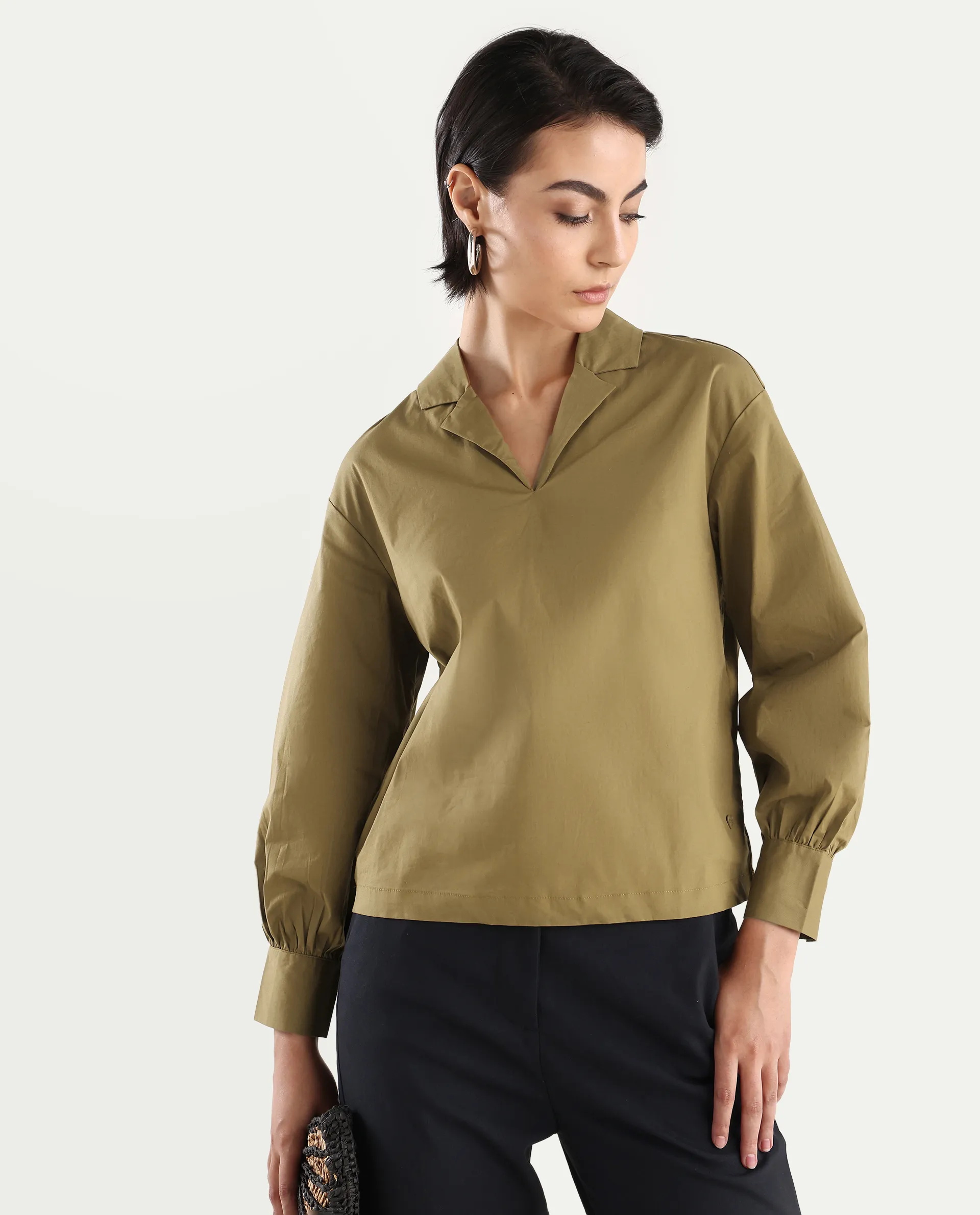 Rareism Women's Uono Light Brown Cotton Blend Lapel Neck Plain Cuffed Sleeve Regular Fit Top - Image 3