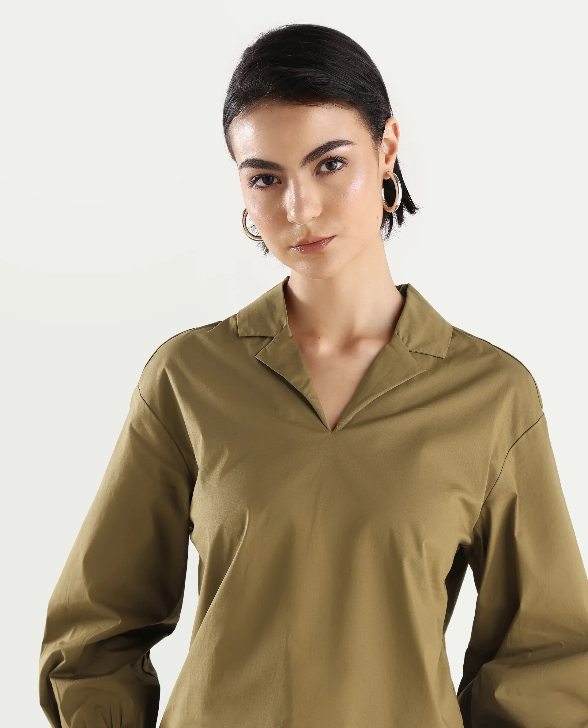 Rareism Women's Uono Light Brown Cotton Blend Lapel Neck Plain Cuffed Sleeve Regular Fit Top - Image 4