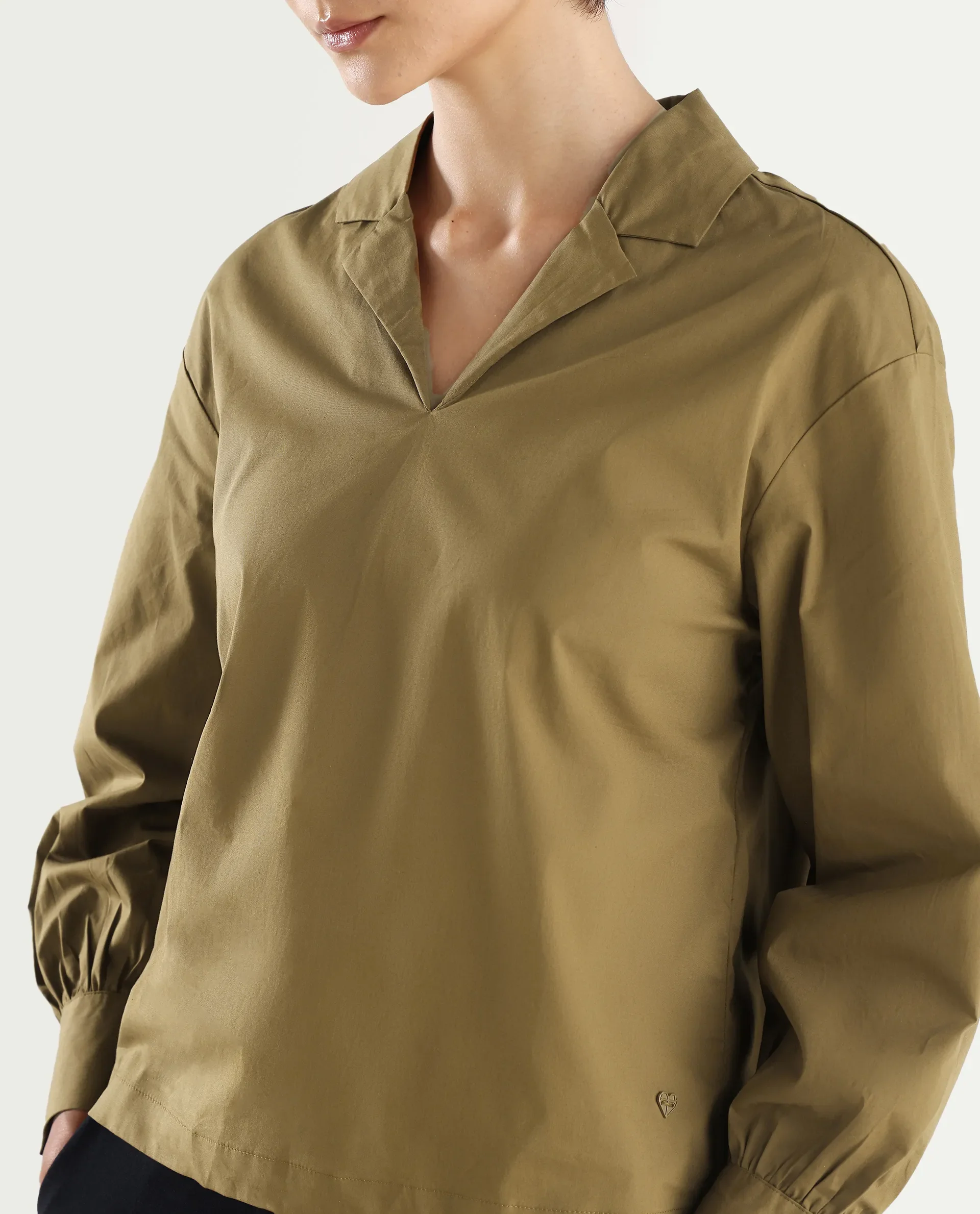 Rareism Women's Uono Light Brown Cotton Blend Lapel Neck Plain Cuffed Sleeve Regular Fit Top - Image 5