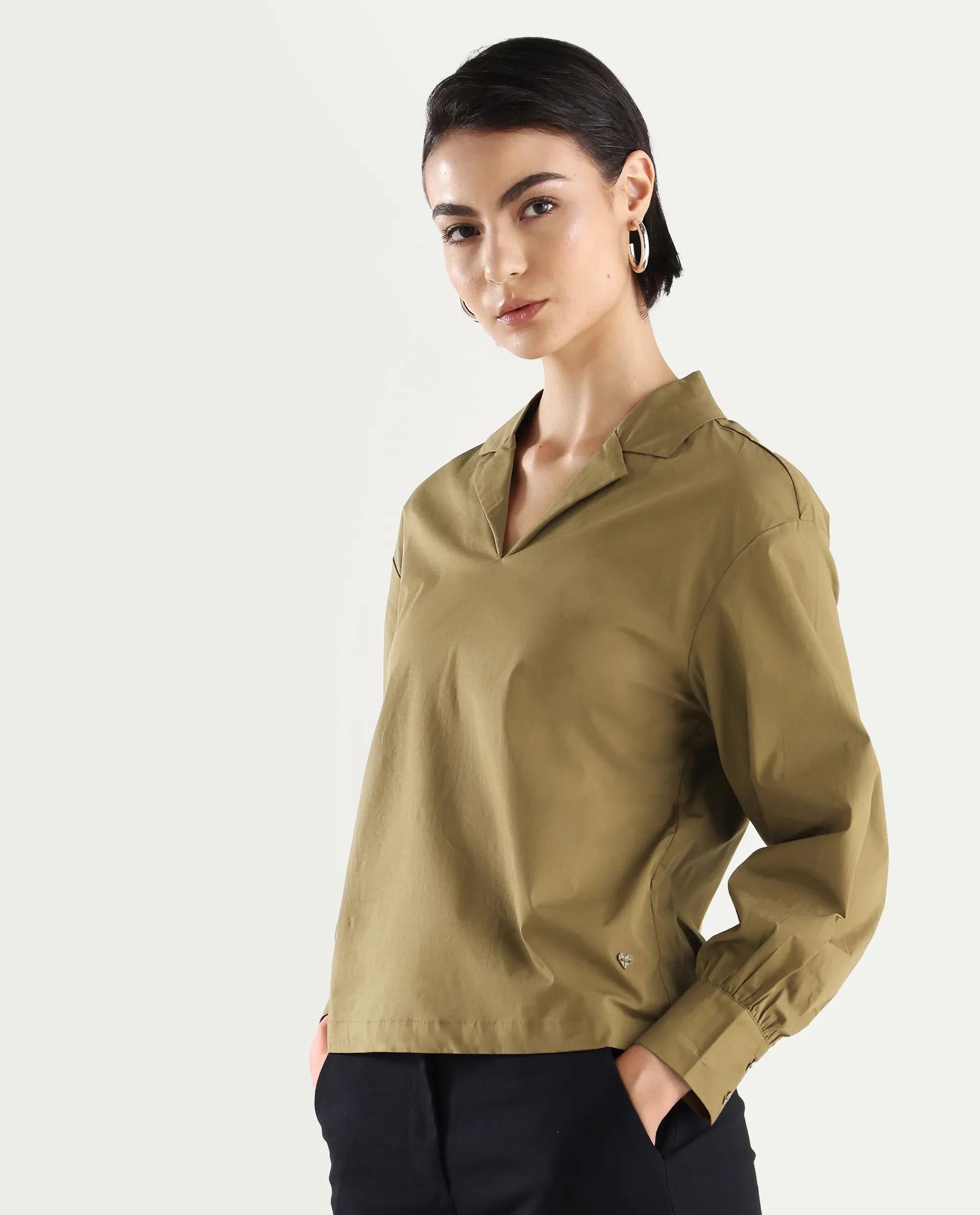 Rareism Women's Uono Light Brown Cotton Blend Lapel Neck Plain Cuffed Sleeve Regular Fit Top - Image 6