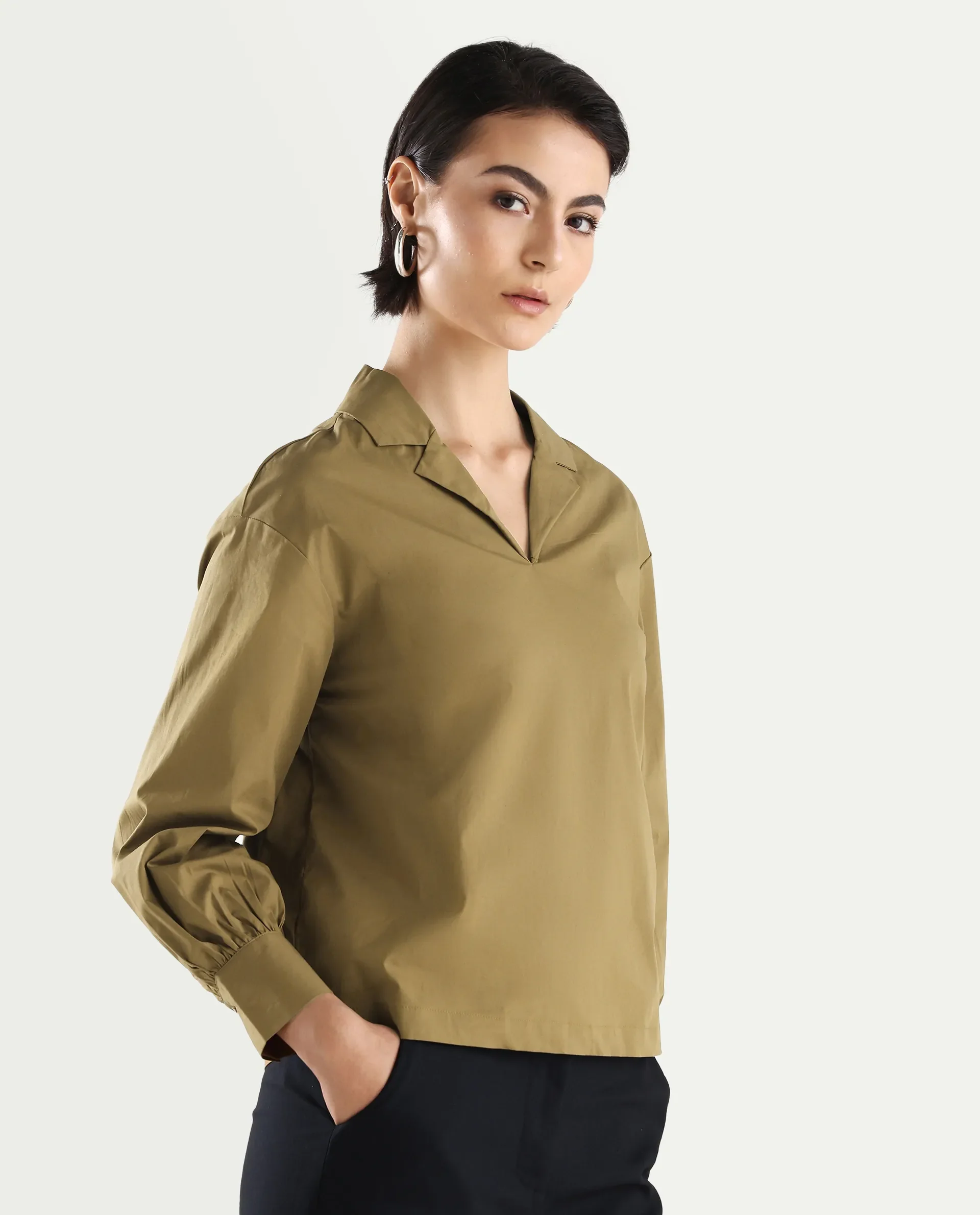 Rareism Women's Uono Light Brown Cotton Blend Lapel Neck Plain Cuffed Sleeve Regular Fit Top - Image 7