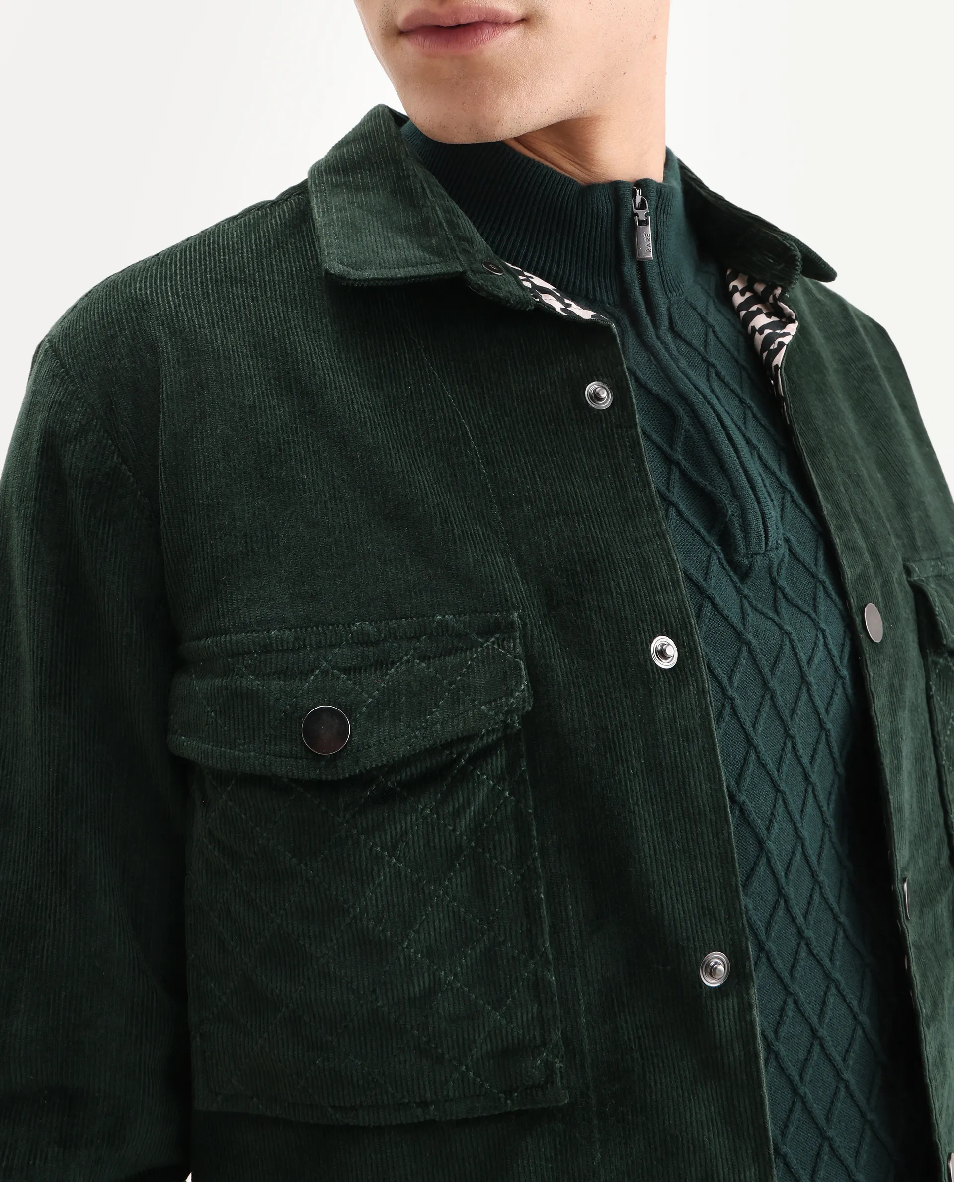 Rare Rabbit Men's Upto Dark Green Cotton Plain Regular Fit Full Sleeve Spread Collar Jacket - Image 3