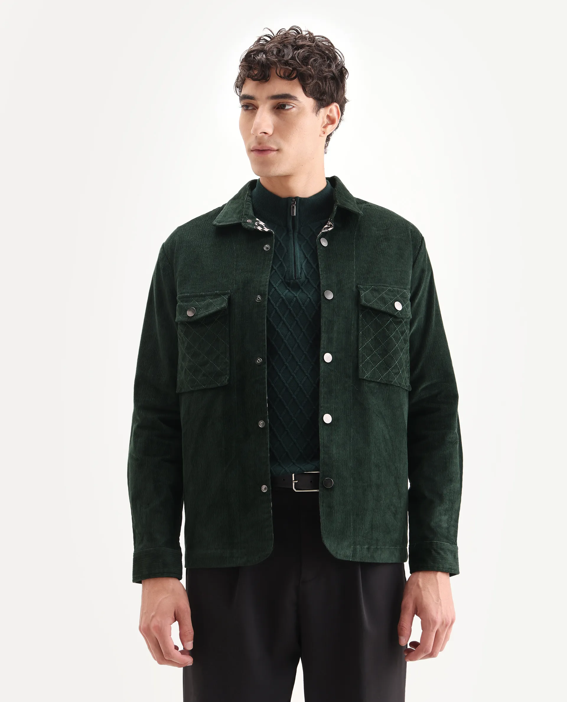 Rare Rabbit Men's Upto Dark Green Cotton Plain Regular Fit Full Sleeve Spread Collar Jacket - Image 4
