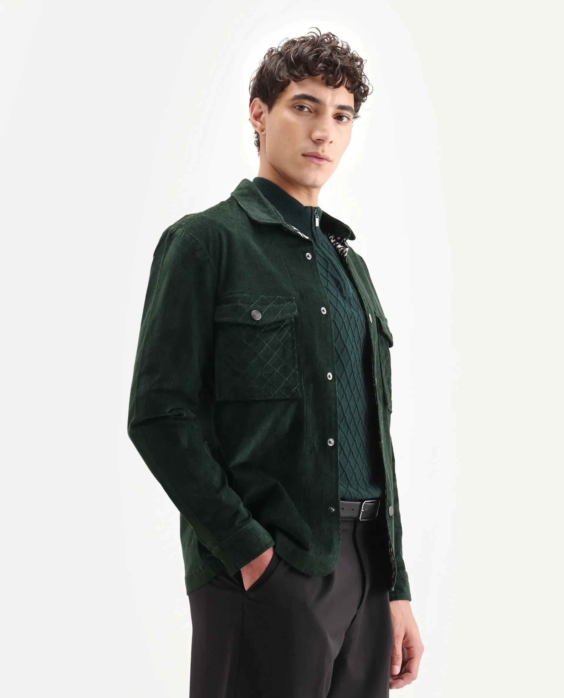 Rare Rabbit Men's Upto Dark Green Cotton Plain Regular Fit Full Sleeve Spread Collar Jacket - Image 6