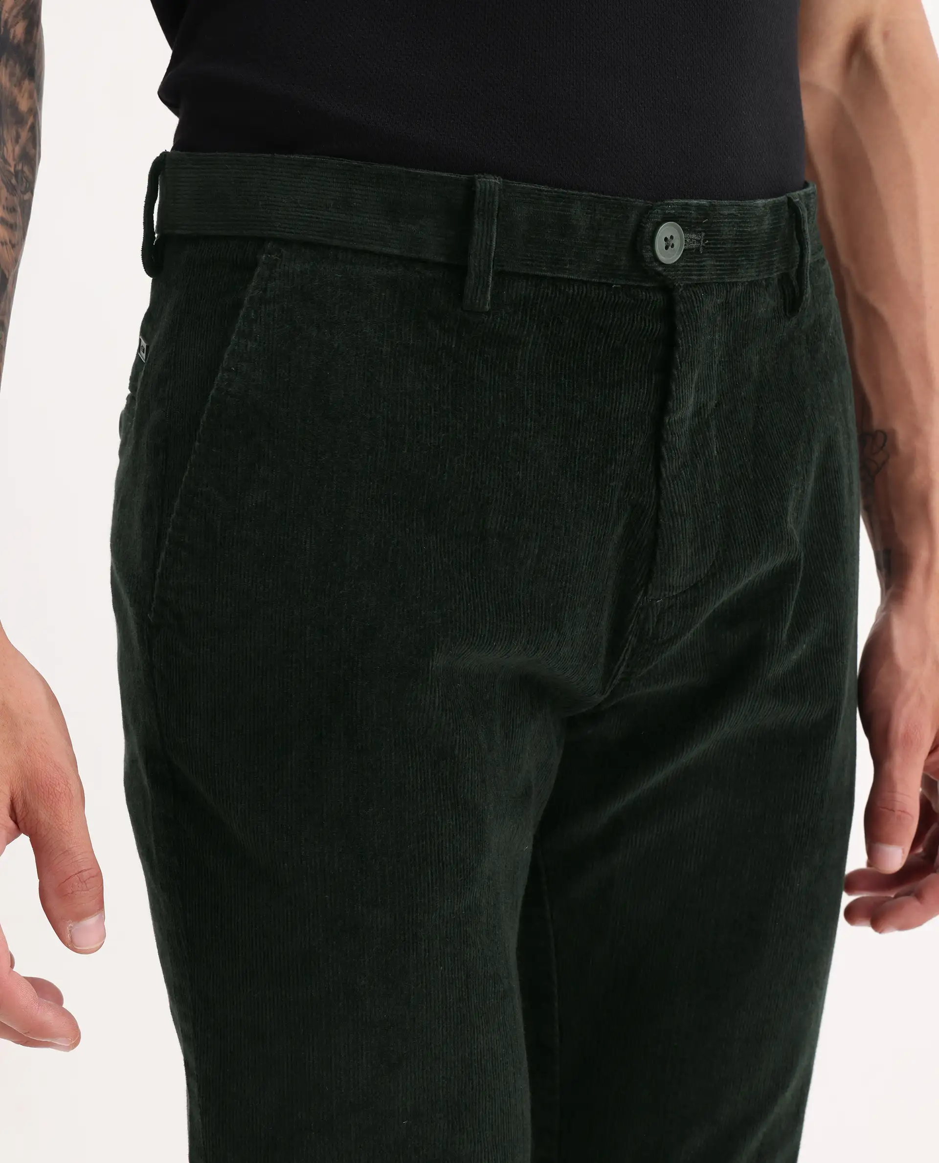 Rare Rabbit Men's Upton Dark Green Cotton Plain Regular Fit Trouser - Image 3