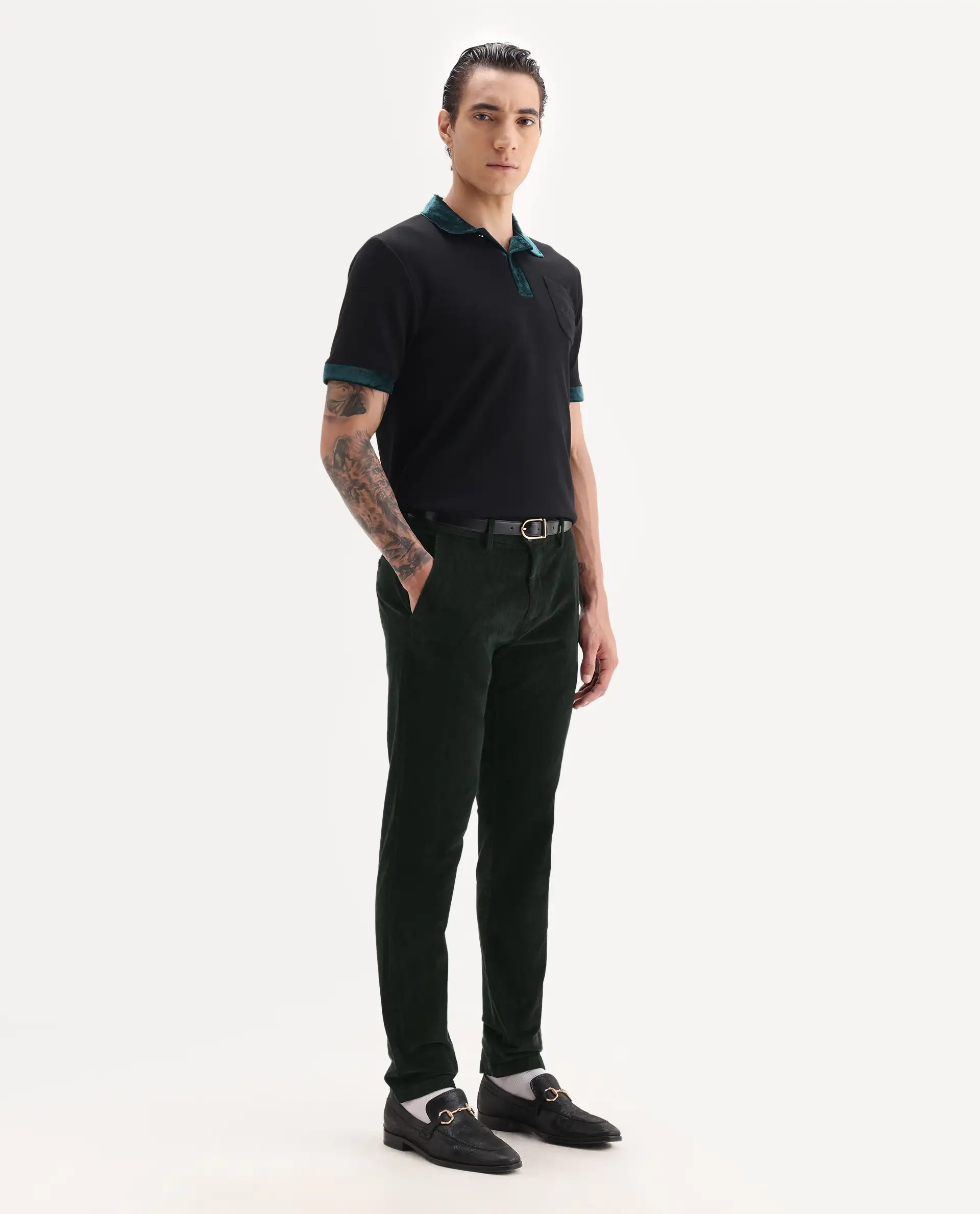 Rare Rabbit Men's Upton Dark Green Cotton Plain Regular Fit Trouser - Image 4