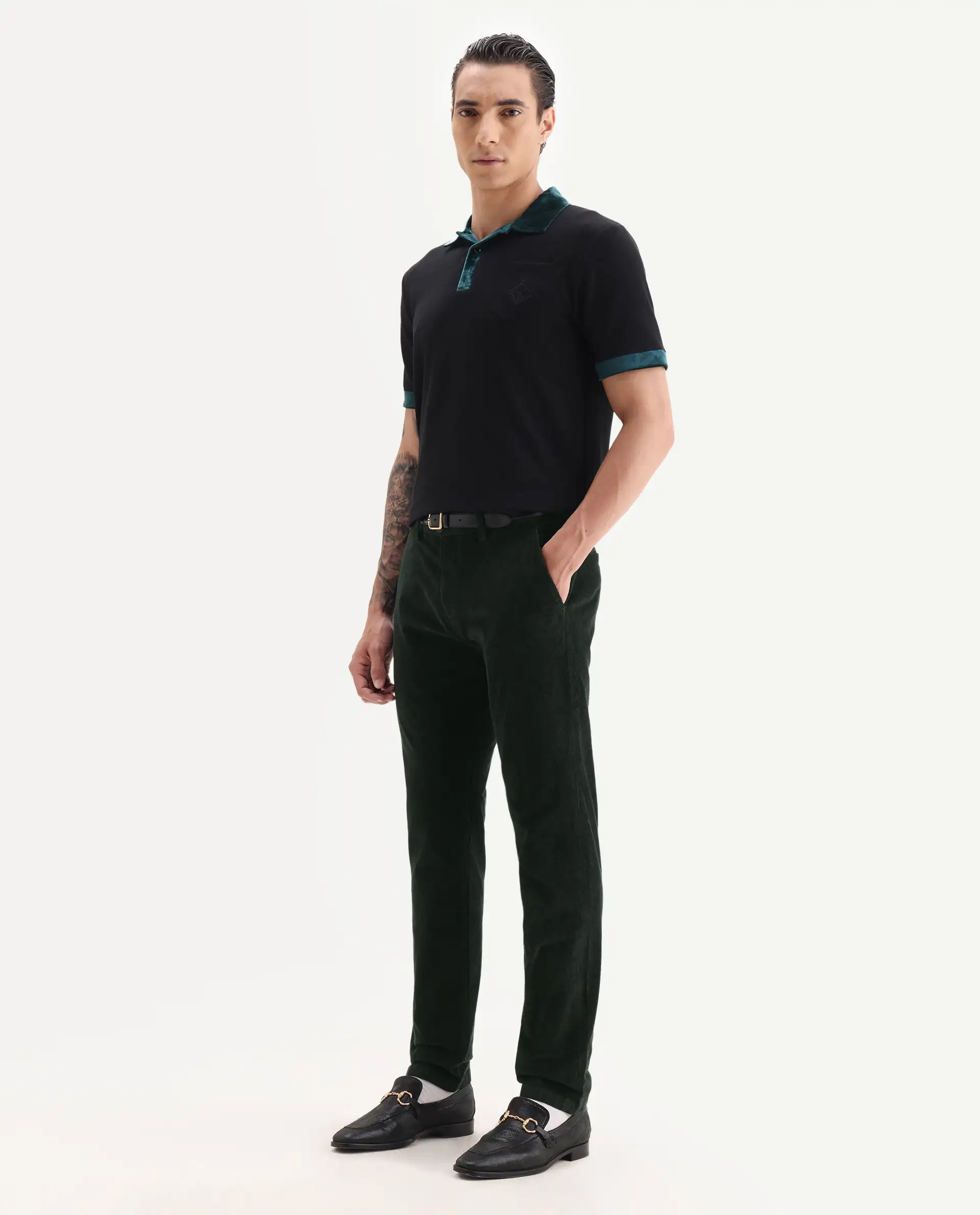 Rare Rabbit Men's Upton Dark Green Cotton Plain Regular Fit Trouser - Image 6