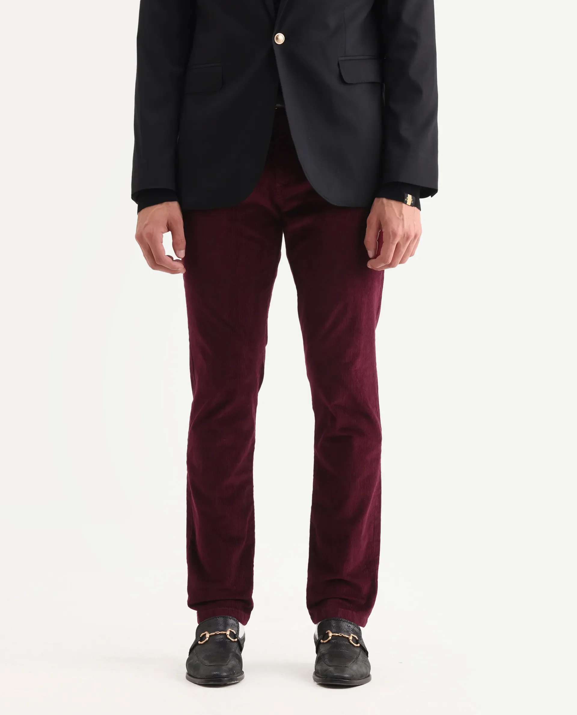 Rare Rabbit Men's Upton Maroon Cotton Plain Regular Fit Trouser - Image 2