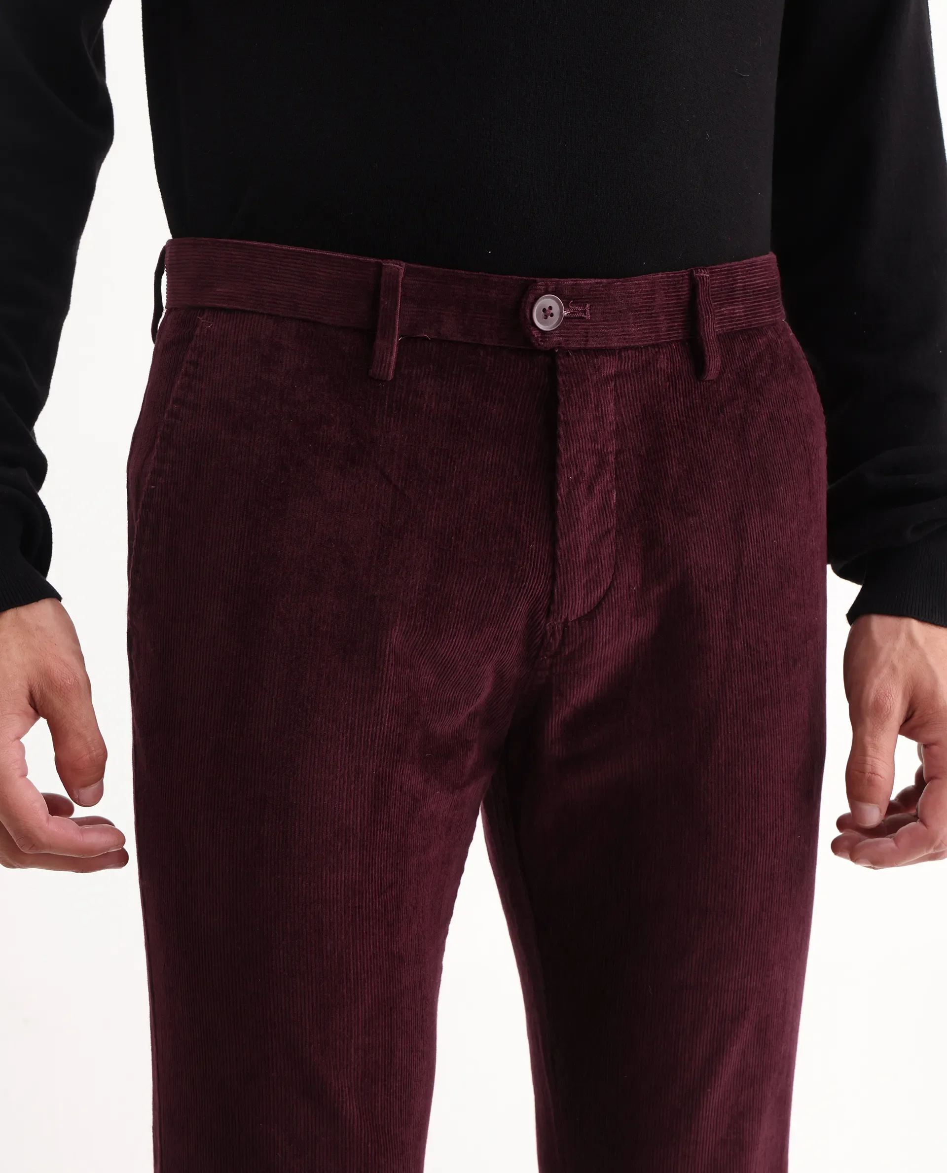 Rare Rabbit Men's Upton Maroon Cotton Plain Regular Fit Trouser - Image 3