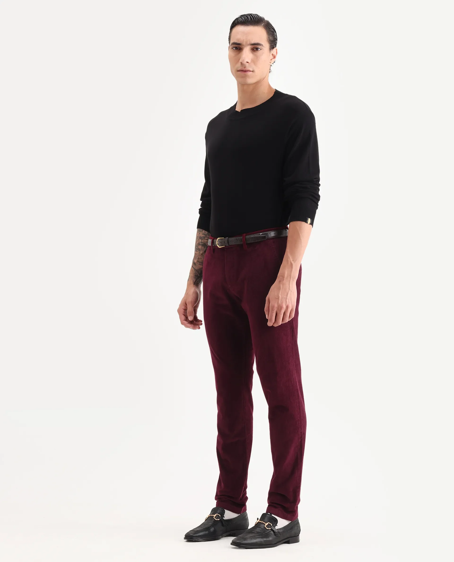 Rare Rabbit Men's Upton Maroon Cotton Plain Regular Fit Trouser - Image 4