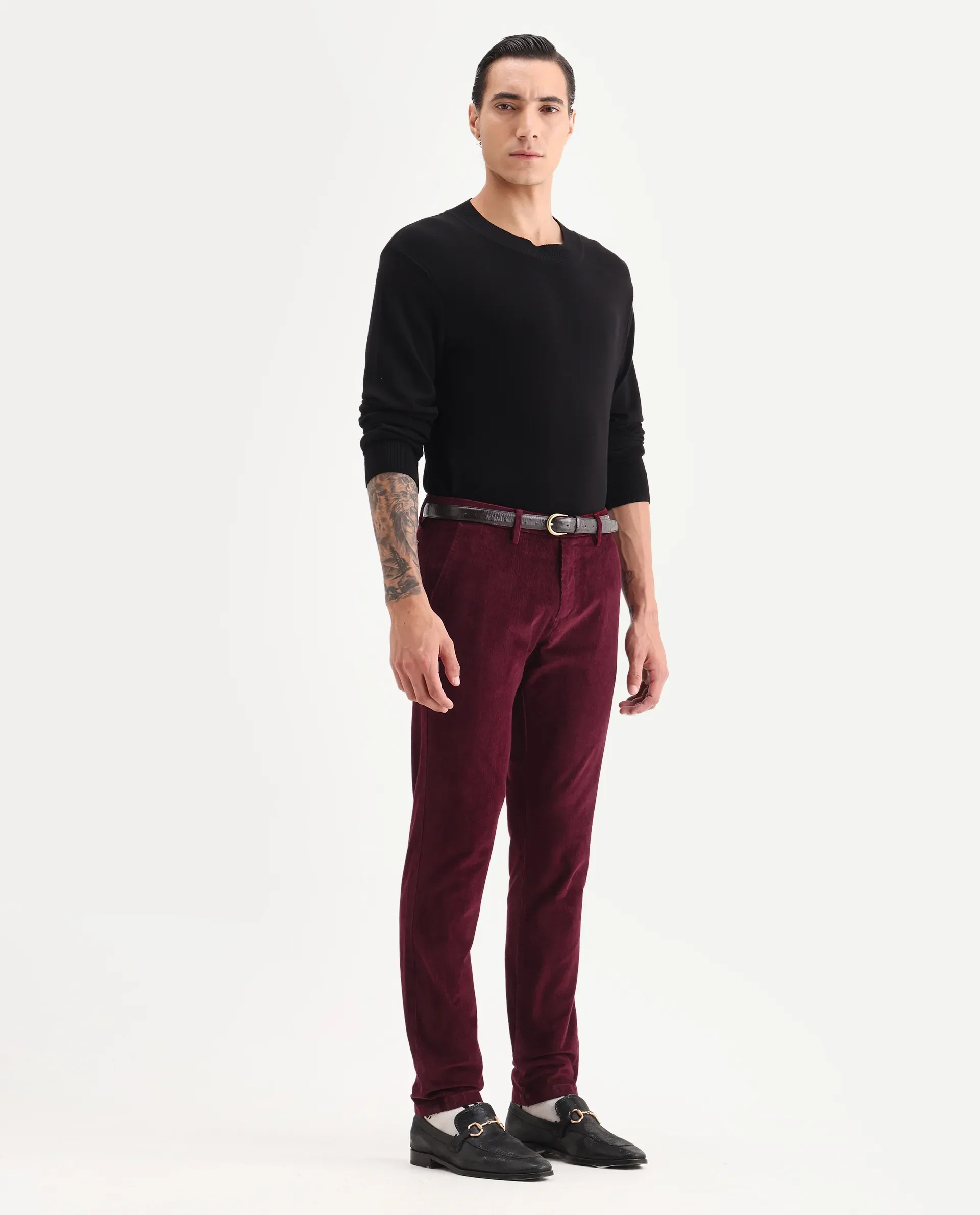 Rare Rabbit Men's Upton Maroon Cotton Plain Regular Fit Trouser - Image 5