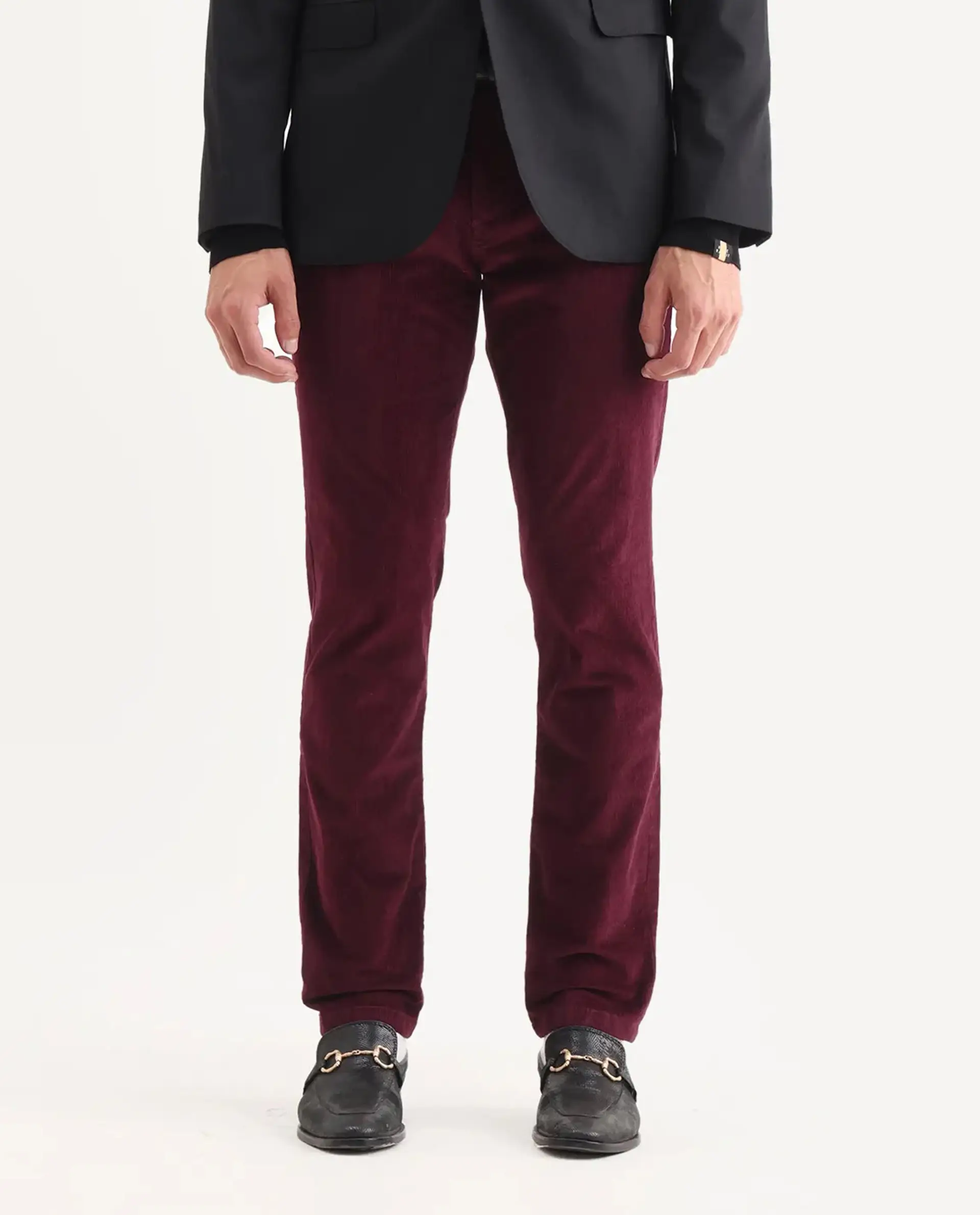 Rare Rabbit Men's Upton Maroon Cotton Plain Regular Fit Trouser - Image 6