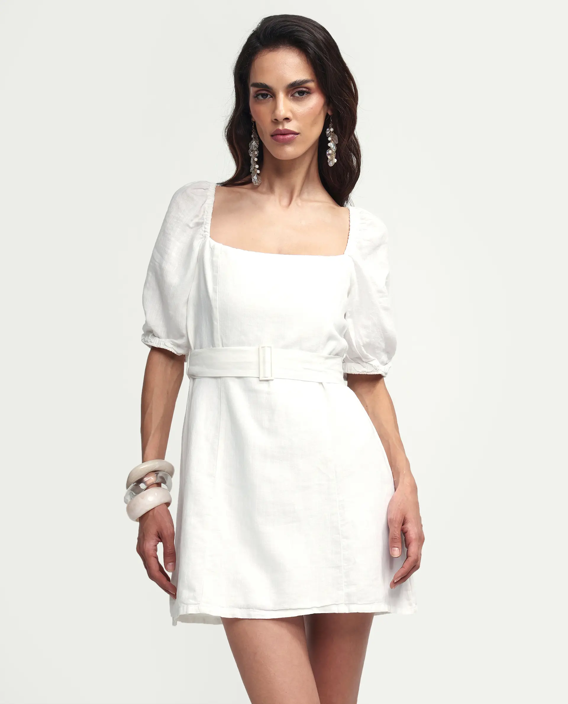 Rareism Women's Uptown White Linen Square Neck Plain Puff Sleeves Mini Slim Fit Dress - Image 2