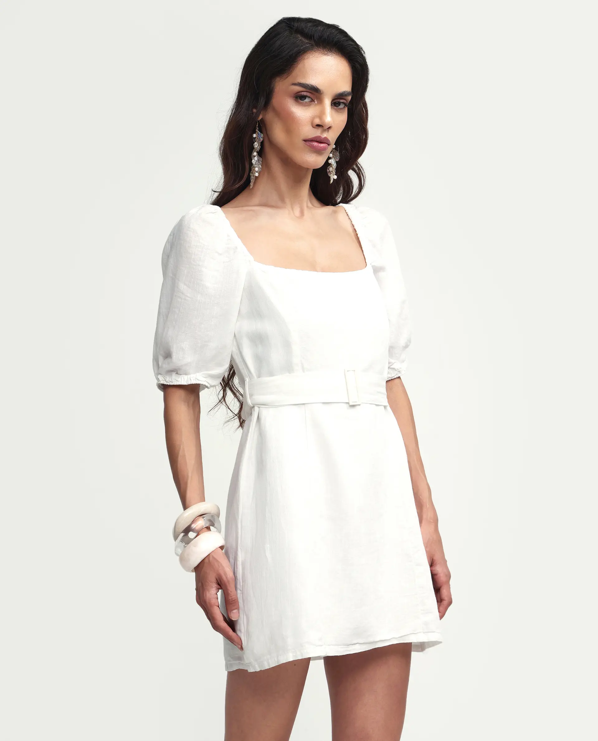 Rareism Women's Uptown White Linen Square Neck Plain Puff Sleeves Mini Slim Fit Dress - Image 5