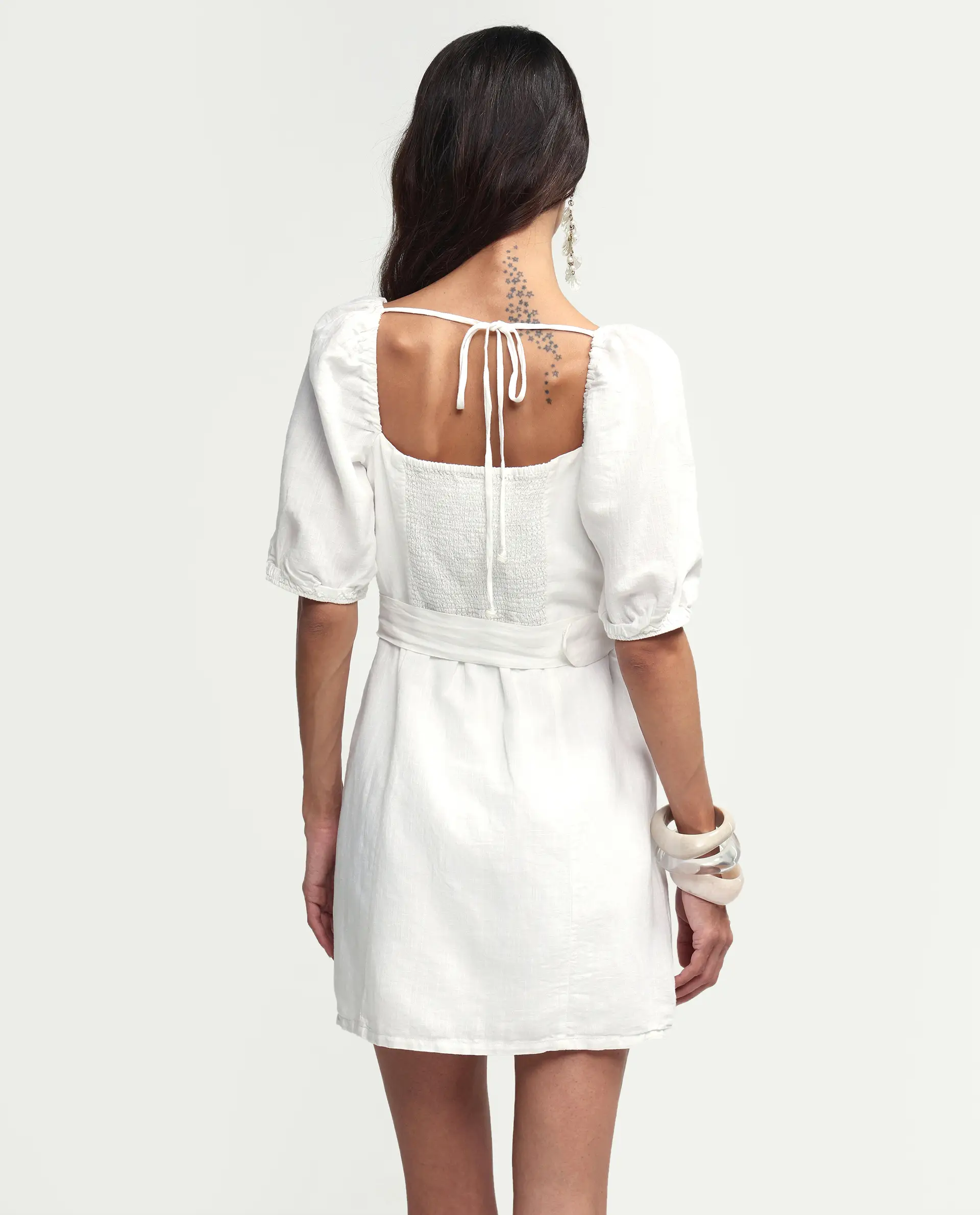 Rareism Women's Uptown White Linen Square Neck Plain Puff Sleeves Mini Slim Fit Dress - Image 7