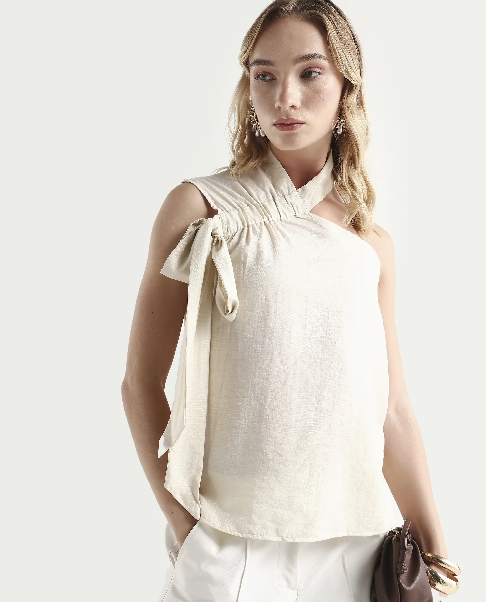Rareism Women's Urale Beige Rayon Blend Halter Neck Plain Sleeveless Slim Fit Top