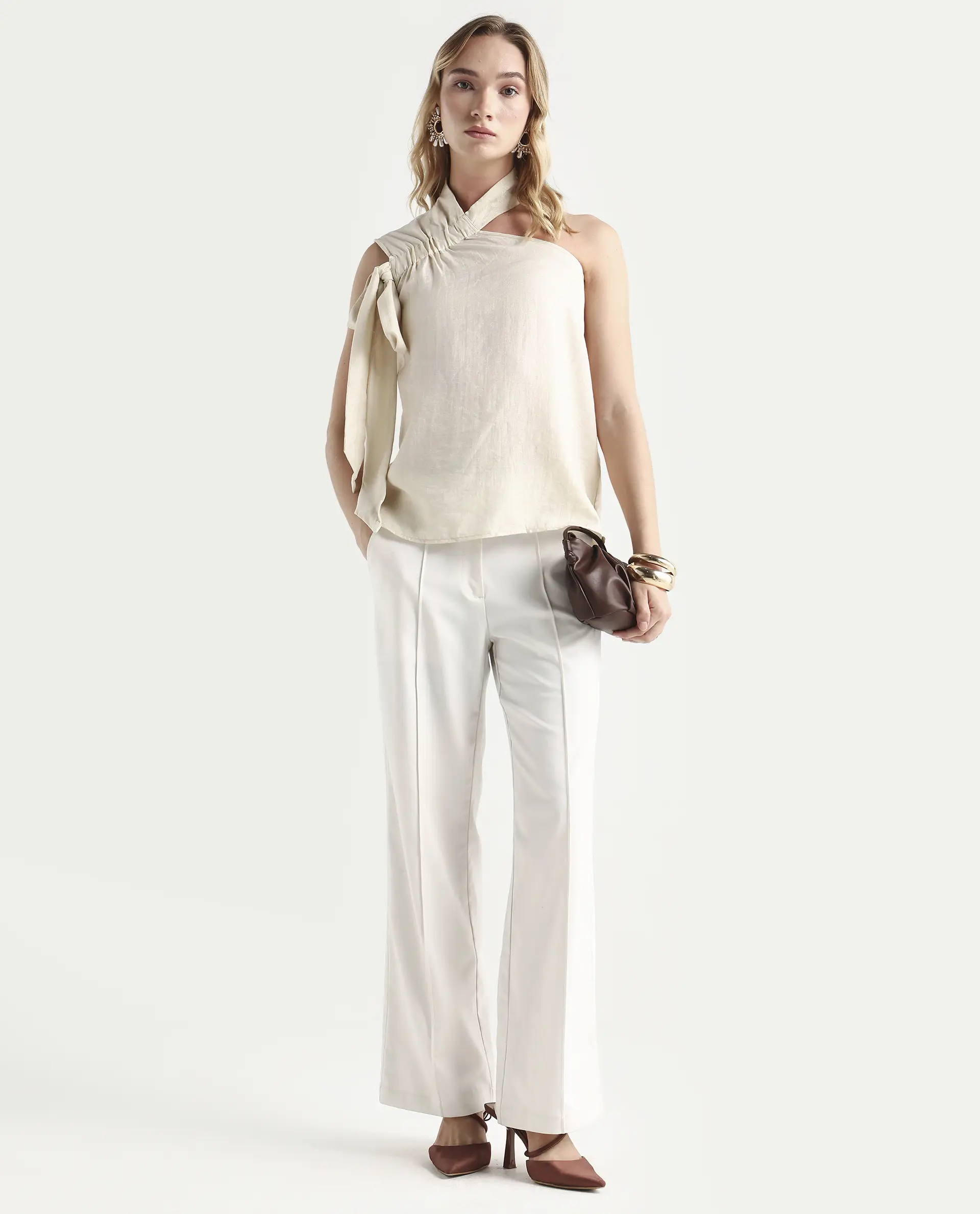 Rareism Women's Urale Beige Rayon Blend Halter Neck Plain Sleeveless Slim Fit Top - Image 2