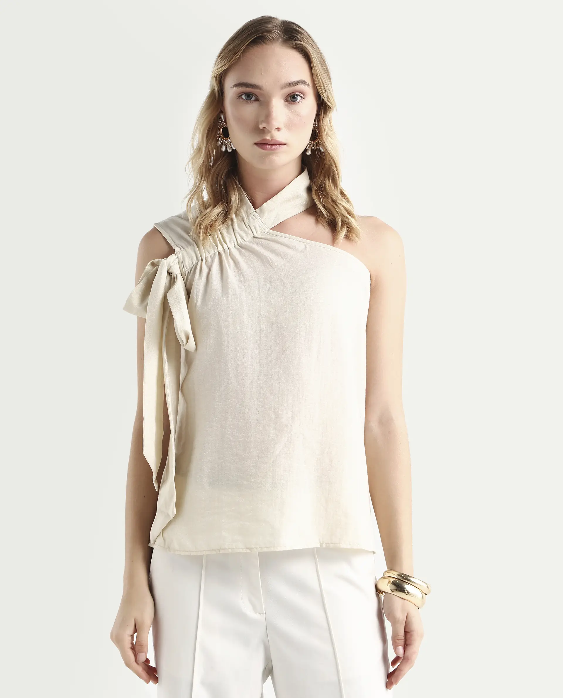 Rareism Women's Urale Beige Rayon Blend Halter Neck Plain Sleeveless Slim Fit Top - Image 3