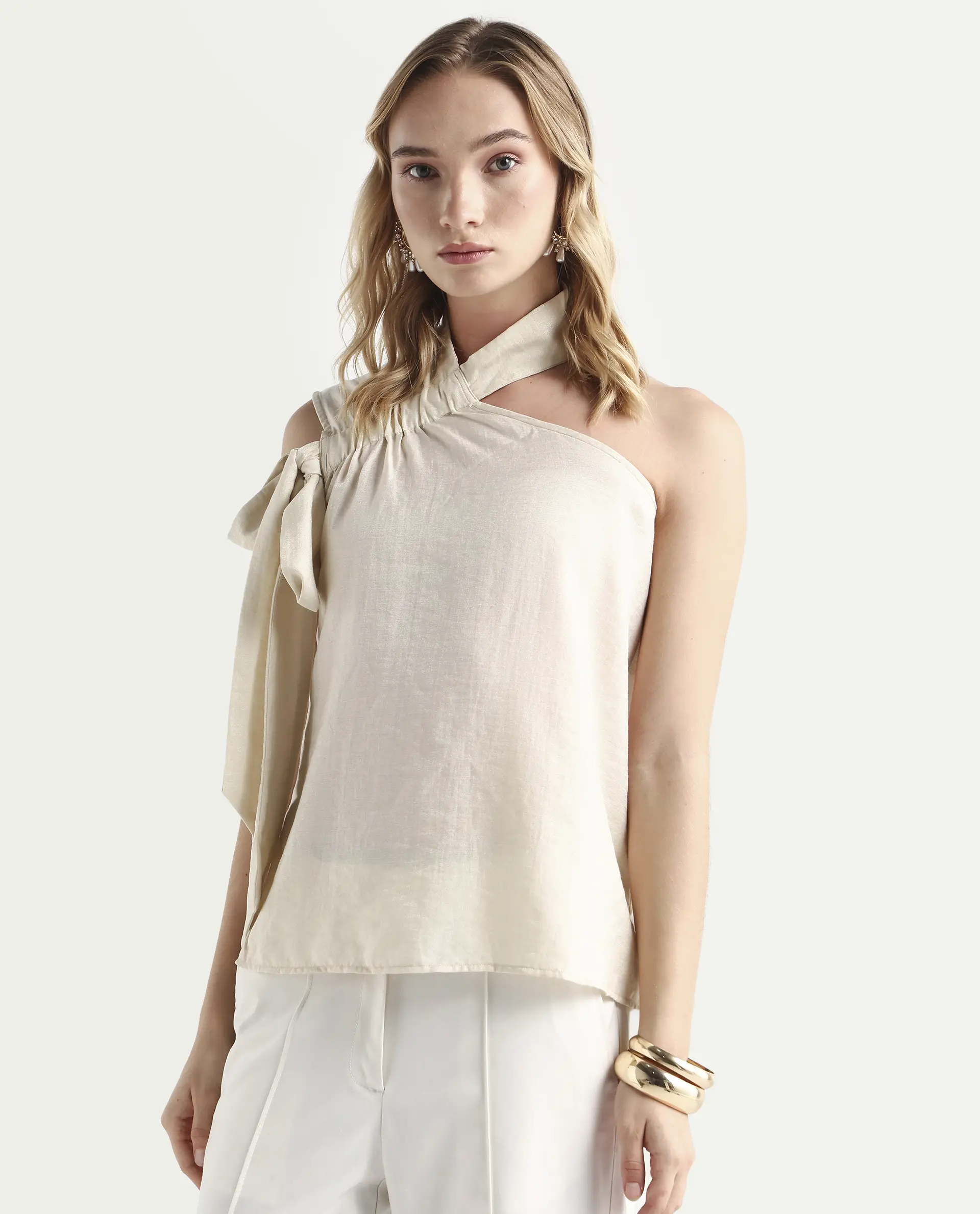 Rareism Women's Urale Beige Rayon Blend Halter Neck Plain Sleeveless Slim Fit Top - Image 5