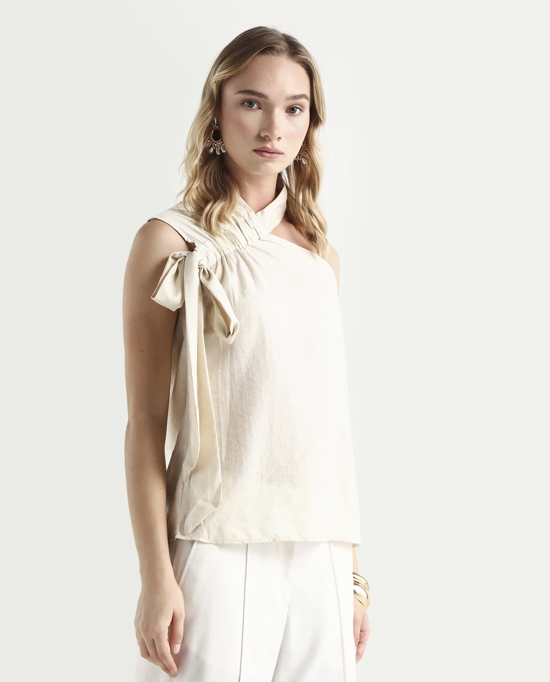 Rareism Women's Urale Beige Rayon Blend Halter Neck Plain Sleeveless Slim Fit Top - Image 6