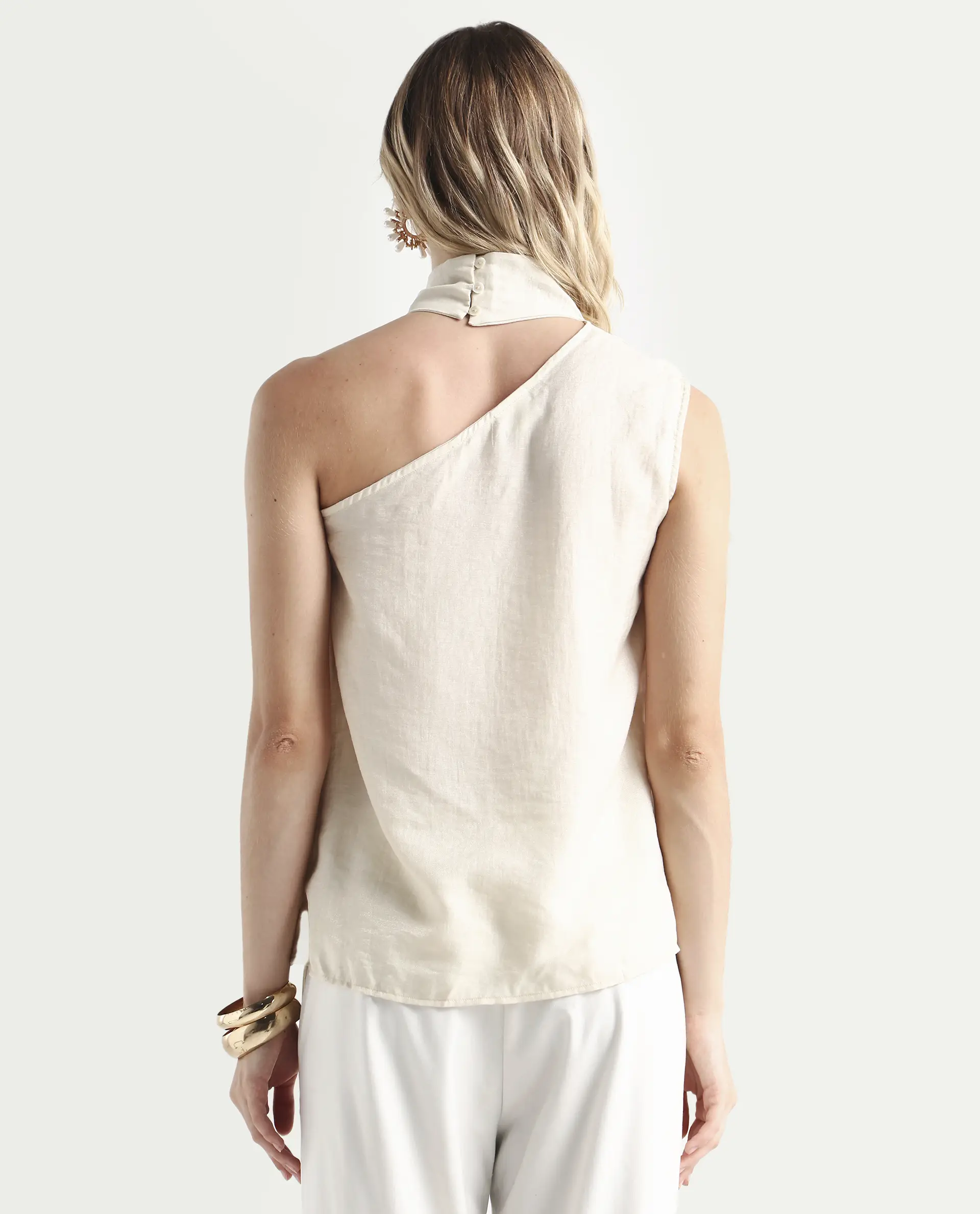 Rareism Women's Urale Beige Rayon Blend Halter Neck Plain Sleeveless Slim Fit Top - Image 7